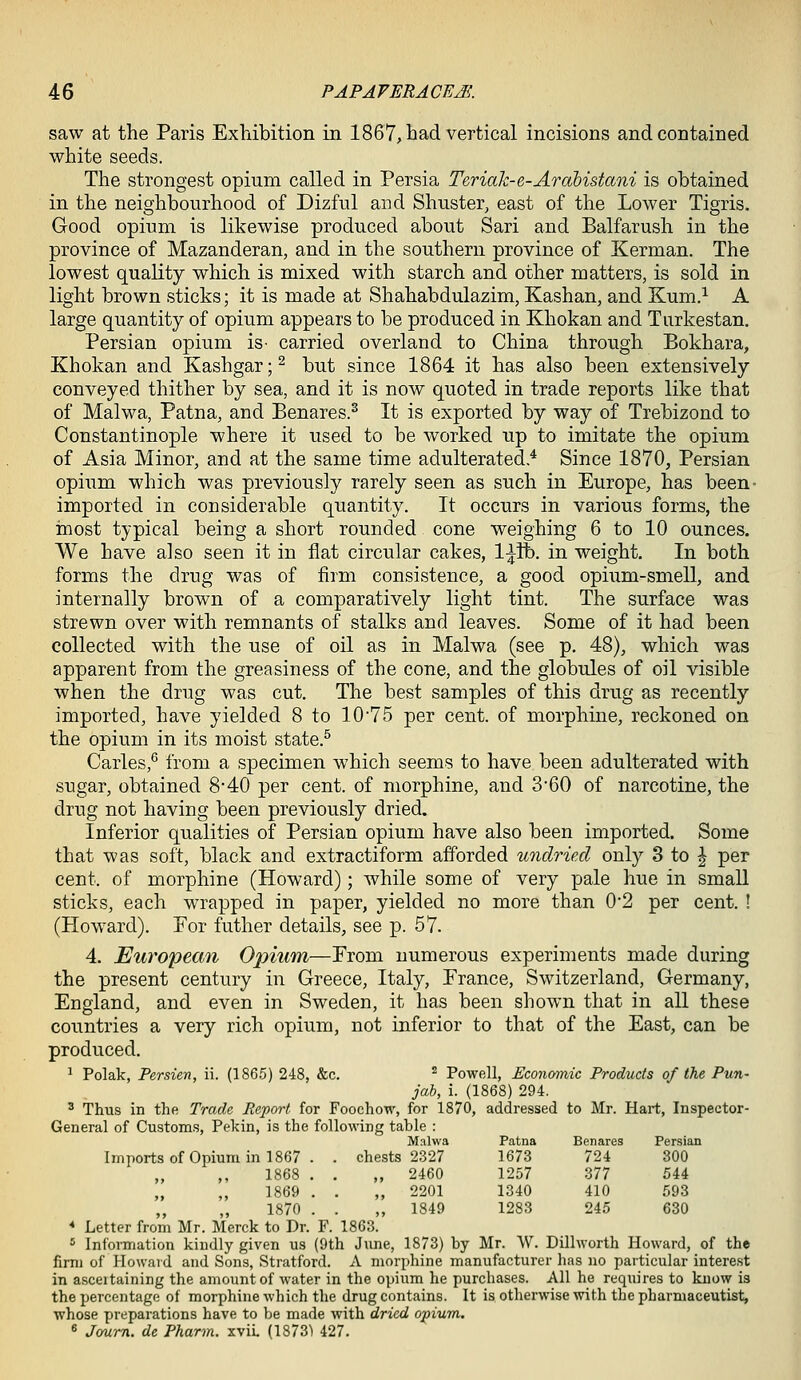 saw at the Paris Exhibition in 1867, had vertical incisions and contained white seeds. The strongest opium called in Persia TeriaJc-e-Arabistani is obtained in the neighbourhood of Dizful and Shuster, east of the Lower Tigris. Good opium is likewise produced about Sari and Balfarush in the province of Mazanderan, and in the southern province of Kerman. The lowest quality which is mixed with starch and other matters, is sold in light brown sticks; it is made at Shahabdulazim, Kashan, and Kum.^ A large quantity of opium appears to be produced in Khokan and Turkestan. Persian opium is- carried overland to China through Bokhara, Khokan and Kashgar; ^ but since 1864 it has also been extensively conveyed thither by sea, and it is now quoted in trade reports like that of Malwa, Patna, and Benares.^ It is exported by way of Trebizond to Constantinople where it used to be worked up to imitate the opium of Asia Minor, and at the same time adulterated* Since 1870, Persian opium which was previously rarely seen as such in Europe, has been- imported in considerable quantity. It occurs in various forms, the inost typical being a short rounded cone weighing 6 to 10 ounces. We have also seen it in flat circular cakes, l^Tb. in weight. In both forms the drug was of firm consistence, a good opium-smell, and internally brown of a comparatively light tint. The surface was strewn over with remnants of stalks and leaves. Some of it had been collected with the use of oil as in Malwa (see p. 48), which was apparent from the greasiness of the cone, and the globules of oil visible when the drug was cut. The best samples of this drug as recently imported, have yielded 8 to 10'75 per cent, of morphine, reckoned on the opium in its moist state.^ Carles,* from a specimen which seems to have been adulterated with sugar, obtained 8-40 per cent, of morphine, and 3-60 of narcotine, the drug not having been previously dried. Inferior qualities of Persian opium have also been imported. Some that was soft, black and extractiform afforded undrie.cl only 3 to | per cent, of morphine (Howard); while some of very pale hue in small sticks, each wrapped in paper, yielded no more than 0*2 per cent. ! (How^ard). For futher details, see p. 57. 4. Em^opemi Opium—From numerous experiments made during the present century in Greece, Italy, France, Switzerland, Germany, England, and even in Sweden, it has been shown that in all these countries a very rich opium, not inferior to that of the East, can be produced. ^ Polak, Persien, ii. (1865) 248, &c. ^ Powell, Economic Products of the Pun- jab, i. (1868) 294. ^ Thus in the Trade Report for Foochow, for 1870, addressed to Mr. Hart, Inspector- General of Customs, Pekin, is the following table : Malwa Imports of Opium in 1867 . . chests 2327 ,, ,, 1868 . . ,, 2460 1869 . . „ 2201 1870 . . „ 1849 * Letter from Mr. Merck to Dr. F. 1863. ' Information kindly given us (9th June, 1873) by Mr. W. Dilhvorth Howard, of the firm of Howard and Sons, Stratford. A morphine manufacturer has no particular interest in asceitaining the amount of water in the opium he purchases. All he requires to know is the percentage of morphine which the drug contains. It is otherwise with the pharmaceutist, whose preparations have to be made with dried opium. 8 Jmm. de Pharm. xviL (1873) 427. Patna Benares Persian 1673 724 300 1257 377 544 1340 410 593 1283 245 630