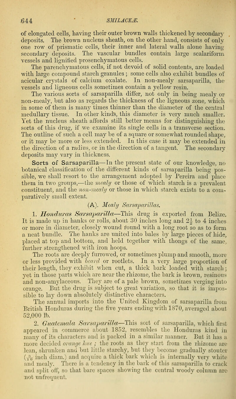 of elongated cells, having their outer brown walls thickened by secondary deposits. The brown nucleus sheath, on the other hand, consists of only one row of prismatic cells, their inner and lateral walls alone having secondary deposits. The vascular bundles contain large scalariforni vessels and lignified prosenchymatous cells. The parenchymatous cells, if not devoid of solid contents, are loaded with large compound starch granules ; some cells also exhibit bundles of acicular crystals of calcium oxalate. In non-mealy sarsaparilla, the vessels and ligneous cells sometimes contain a yellow resin. The various sorts of sarsaparilla differ, not only in being mealy or non-mealy, but also as regards the thickness of the ligneous zone, which in some of them is many times thinner than the diameter of the central medullary tissue. In other kinds, this diameter is very much smaller. Yet the nucleus sheath affords still better means for distinguishing the sorts of this drug, if we examine its single cells in a transverse section. The outline of such a cell may be of a square or somewhat rounded shape, or it may be more or less extended. In this case it may be extended in the direction of a radius, or in the direction of a tangent. The secondary deposits may vary in thickness. Sorts of Sarsaparilla—In the present state of our knowledge, no botanical classification of the different kinds of sarsaparilla being pos- sible, we shall resort to the arrangement adopted by Pereira and place them in two groups,—the mealy or those of which starch is a prevalent constituent, and the non-mealy or those in which starch exists to a com- paratively small extent. (A). Mealy Sarsaixirillas. 1. Honduras Sarsaparilla—This drug is exported from Belize, It is made up in hanks or rolls, about 30 inches long and 2h to 4 inches or more in diameter, closely wound round with a long root so as to form a neat bundle. The hanks are united into bales by large pieces of hide, placed at top and bottom, and held together with thongs of the same, further strengthened with iron hoops. The roots are deeply furrowed, or sometimes plump and smooth, more or less provided with learcl or rootlets. In a very large proportion of tlieir length, they exhibit when cut, a thick bark loaded witli starch; yet in those parts which are near the rhizome, the bark is brown, resinous and non-amylaceous. They are of a pale brown, sometimes verging into orange. But the drug is subject to great variation, so that it is impos- sible to lay down absolutely distinctive characters. The annual imports into the United Kingdom of sarsaparilla from British Honduras during the five years ending with 1870, averaged about 52,000 lb. 2. Guatemala Sarsaparilla—This sort of sarsaparilla, which first appeared in commerce about 1852, resembles the Honduras kind in many of its characters and is packed in a simikar manner. But it has a more decided orange hue ; the roots as they start from the rhizome are lean, shrunken and but little starchy, but they become gradually stouter (-/„■ inch diam.) and acquire a thick bark wliich is internally very white and mealy. There is a tendency in the bark of tliis sarsaparilla to crack and split off, so that bare spaces showing the central woody column are not un frequent.