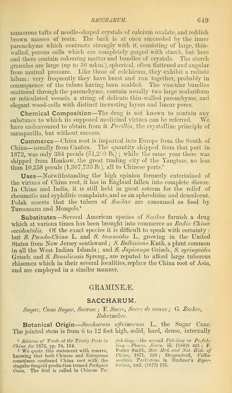 numerous tufts of nccdlc-sliaped crystals of calcium oxalate, and reddish brown masses of resin. The bark is at once succeeded by the inner parenchyme Avhich contrasts strongly with it, consisting of large, thin- walled, porous cells which are completely gorged with starch, but here and there contain colouring matter and bundles of crystals. The starch granules are large (up to 50 mkm.), sj)herical, often flattened and angular from mutual pressure. Like those of colchicum, they exhibit a radiate hilum: very frequently they have burst and run together, probably in consequence of the tubers having been scalded. The vascular bundles scattered through the parenchyme, contain usually two large scalariform or reticulated vessels, a string of delicate thin-walled parenchyme, and elegant wood-cells with distinct incrusting layers and linear pores. Chemical Composition—The drug is not known to contain any substance to which its supposed medicinal virtues can be referred. We have endeavoured to obtain from it Parillin, the crystalline principle of sarsaparilla, but without success. Commerce—China root is imported into Europe from the South of China—usually from Canton. The quantity shipped from that port in 1872, was only 384 peculs (51,200 lb.) ; while the same year there was shipped from Hankow, the great trading city of the Yangtsze, no less than 10,258 peculs (1,367,733 lb.), all to Chinese ports.' Uses—ISTotwithstanding the high opinion formerly entertained of the virtues of China root, it has in England fallen into complete disuse. In China and India, it is still held in great esteem for the relief of rheumatic and syphilitic complaints, and as an aphrodisiac and demulcent. Polak asserts that the tubers of Smilax are consumed as food by Turcomans and Mongols.'' Substitutes—Several American species of Smilax furnish a drug which at various times has been brought into commerce as Baclix CMnm occidentalis. Of the exact species it is difficult to speak with certainty : but S. Pseudo-China L. and ;S^. tamnoides L., growing in the United States from New Jersey southward ; >S'. Balhisiana Knth, a plant common in all the West Indian Islands ; and S. Ja'picanga Griseb., >S'. syringoides Griseb. and S. Brasilicnsis Spreng., are reputed to afford large tuberous rhizomes which in their several localities, replace the China root of Asia, and are employed in a similar manner. GRAMINE^. SACCHARUM. Sugar, Cane Sugar, Sucrose; F. Sucre, Sucre de caome ; G. Zucker, Bohrzucher. Botanical Origin—Saccharum officinarum L., the Sugar Cane. The jointed stem is from 6 to 12 feet high, solid, hard, dense, internally 1 Returns of TracU at the Treaty Ports in fuh-ling,—the second Fuh-lhig or Pe-fuli- C/ima/or 1872, pp. 34, 154. ^Kng.—Pharm. Journ. iii. (1862) 421; F. 2 We quote this statement with reserve, Porter Smith, Mat. Med. and Nat. Hist, of knowing that both Chinese and Europeans China, 1871. 198 ; Dragendorff, Volks- sometimes confound China root with the mcdicin Turlcestans in Buchner's Pi,e])er- singular fungoid production termed Pac7i.t/?na tormm, xxii. (1873) 135. Cocas. The first is called in Chinese Tu-