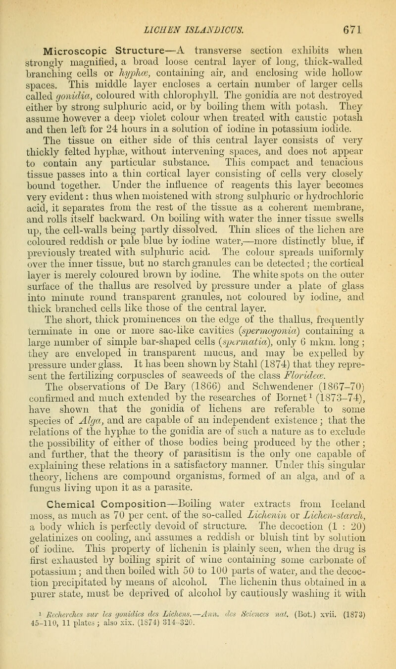 Microscopic Structure—A transverse section exhibits when strongly magnified, a broad loose central layer of long, thick-walled branching cells or hyphcv, containing air, and enclosing wide hollow spaces. This middle layer encloses a certain number of larger cells called gonidia, coloured with chlorophyll. The gonidia are not destroyed either by strong sulphuric acid, or by boiling them with potash. They assume however a deep violet colour when treated with caustic potash and then left for 24 hours in a solution of iodine in potassium iodide. The tissue on either side of this central layer consists of very thickly felted hyphas, without intervening spaces, and does not appear to contain any particular substance. This compact and tenacious tissue passes into a thin cortical layer consisting of cells very closely bound together. Under the influence of reagents this layer becomes very evident: thus when moistened with strong sulphuric or hydrochloric acid, it separates from the rest of the tissue as a coherent membrane, and rolls itself backward. On boiling with water the inner tissue swells up, the cell-walls being partly dissolved. Thin slices of the lichen are coloured reddish or pale blue by iodine water,—more distinctly blue, if previously treated with sulphuric acid. The colour spreads uniformly over the inner tissue, but no starch granules can be detected; the cortical layer is merely coloured brown by iodine. The white spots on the outer surface of the thallus are resolved by pressure under a plate of glass into minute round transparent granules, not coloured by iodine, and thick branched cells like those of the central layer. The short, thick prominences on the edge of the thallus, frequently terminate in one or more sac-like cavities {spermogonia) containing a large number of simple bar-shaped cells {spermatia), only 6 nikm. long; they are enveloped in transparent mucus, and may be expelled by pressure under glass. It has been shown by Stahl (1874) that they repre- sent the fertilizing corpuscles of seaweeds of the class Floridece. The observations of De Bary (1866) and Schwendener (1867-70) confirmed and much extended by the researches of Bornet^ (1873-74), have shown that the gonidia of lichens are referable to some species of Alga, and are capable of an independent existence; that the relations of the hyphse to the gonidia are of such a nature as to exclude the possibility of either of those bodies being produced by the other; and further, that the theory of parasitism is the only one capable of explaining these relations in a satisfactory manner. Under this singular theory, lichens are compound organisms, formed of an alga, and of a fungus living upon it as a parasite. Chemical Composition—Boiling water extracts from Iceland moss, as much as 70 per cent, of the so-called Lichenin or Lichen-starch, a body which is perfectly devoid of structure. The decoction (1 : 20) gelatinizes on cooling, and assumes a reddish or bluish tint by solution of iodine. This property of lichenin is plainly seen, when the drug is first exhausted by boiling spirit of wine containing some carbonate of potassium; and then boiled with 50 to 100 parts of water, and the decoc- tion precipitated by means of alcohol. The lichenin thus obtained in a purer state, must be deprived of alcohol by cautiously washing it with 1 Reclierches sur les gonidies des Lichens.—Ann. des Sciences nat. (Bot.) xvii. (1873) 45-110, 11 plates ; also xix. (1874) 314-320.