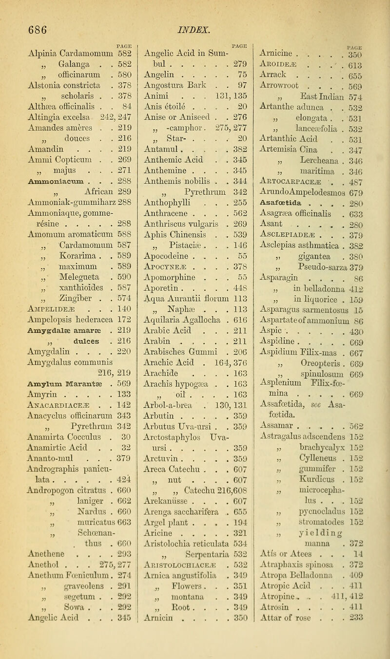 PAGE PAGE Alpinia Carclamomum 582 Angelic Acid in Sum- „ Galanga . , 682 bul 279 „ officinarum . 580 Angelin 75 Alstonia constricta 378 Angostura Bark . . 97 „ scholaris . . 378 Animi . . . 131 ,135 Althaea officinalis . . 84 Anis 6toil6 .... 20 Altingia excelsa 242,247 Anise or Aniseed . . 276 Amandes ameres . . 219 „ -camphor. 275,277 „ douces . . 216 „ Star- .... 20 Amandin .... 219 Antamul 382 Ammi Copticum . . 269 Anthemic Acid . . 345 „ majus . . . 271 Anthemine .... 345 Ammoniacum . . . 288 Anthemis nobilis . . 344 „ African 289 „ Pyrethrum 342 ^mmoniak-gummiharz 288 Anthophylli . , . 255 Ammoniaque, gomme- Anthracene .... 562 resine 288 Anthriscus vulgaris . 269 Amomum aromaticmn 588 Aphis Chinensis . . 539 „ Cardamomum 587 „ Pistacia3 . . . 146 „ Korarima. . 589 Apocodeine .... 55 „ maximum 589 ApOCTNEiE .... 378 „ Melegueta 590 Apomorphine . . . 55 „ xanthioides . 587 Aporetin 448 „ Zingiber . . 574 Aqua Aurantii florum 113 Ampelide^ . . . 140 „ Naphas . . . 113 Ampelopsis hederacea 172 Aquilaria Agallocha . 616 Aiuygdalse amarae 219 Arabic Acid . . . 211 5, dulces 216 Arabin . , , . . 211 Amygdalin .... 220 Arabisches Gummi . 206 Amygdalus communis Arachic Acid . 164 ,376 216, 219 Arachide .... 163 Amylum Marantse . 569 Arachis hypogsea . . 163 Amyrin 133 „ oil .... 163 Anacardiace^ . , 142 Arbol-a-brea . 130 ,131 Anacyclus officinarum 343 Axbutm 359 „ Pyrethrum 342 Arbutus Uva-ursi . . 359 Anamirta Cocculus . 30 Arctostaphylos Uva- Anamirtic Acid . . 32 ursi 359 Ananto-mul . . . 379 Arctuvin 359 Andrograpliis panicu- Areca Catechu . . . 607 lata 424 „ nut .... 607 Andropogon citratus . 660 „ Catechu 216,608 „ laniger . 662 Arekaniisse .... 607 „ Nardus . 660 Arenga saccharifera . 655 „ muricatus 663 Argel plant .... 194 „ Schoenan Aricine 321 . thus . 660 Aristolochia reticulata 534 Anethene .... 293 „ Serpentaria 532 Anethol . . . 275,277 ApJSTOLOCHIACE/K . 532 Anethum Ffjuniculum. 274 Arnica angustifolia 349 „ gi-aveolens . 291 „ Flowers. . . 351 „ .segetum . . 292 ,, montana . . 349 „ Sowa . . . 292 „ Root.... 349 Angelic Acid . . . 345 Aniicin 350 . . . PAGE Arnicme 351^) AROiDE.<gE . . . . 613 Arrack 655 Arrowroot .... 569 „ East Indian 574 Artanthe adunca . .532 „ elongata . . 531 „ lanceft'folia . 532 Artanthic Acid . .531 Artemisia Cina . . 347 „ Lercheana . 346 „ maritima . 346 ARTOCARPACEiE . . 487 ArundoAmpelodesmos 679 Asafcetida .... 280 Asagrsea officinalis . 633 Asant 280 ASCLEPIADE^ . . . 379 Asclepias asthmatica . 382 „ gigantea . 380 „ Pseudo-sarza 379 Asparagin .... 86 „ in belladonna 412 „ in liquorice . 159 Asparagus sarmeutosus 15 Aspartate of ammonium 86 •A-spic 430 Aspidine 669 Aspidium Filix-mas .667 „ Oreopteris . 669 5, spinulosum 669 Asplenium Filix-fce- mina 669 Assafoetida, see Asa- foetida. Assamar 562 Astragalus adscendens 152 „ brachycalyx 152 „ CylleJieus . 152 „ gummifer . 152 „ Kurdicus . 152 „ microcepha- his ... 152 „ pycnocladus 152 „ stromatodes 152 „ yielding manna . 372 Atis or Atees ... 14 Atrapliaxis spiuosa . 372 Atropa BeUadonna . 409 Atropic Acid . . .411 Atropine, . . 411,412 Atro.sui 411 Attar of rose . . . 233