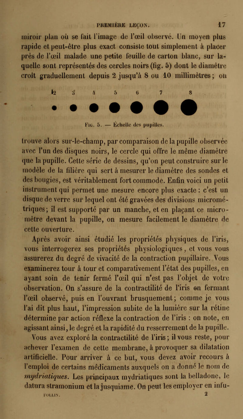 miroir plan où se l'ait l'image de l'œil observé. Un moyen plus rapide et peut-être plus exact consiste tout simplement à placer près de l'œil malade une petite feuille de carton blanc, sur la- quelle sont représentés des cercles noirs (fîg. 5) dont le diamètre croit graduellement depuis 2 jusqu'à 8 ou 10 millimètres ; on fe $ A 5 6 7 8 • • • • • Kig. 5. — Échelle des pupilles. trouve alors sur-le-champ, par comparaison de la pupille observée avec l'un des disques noirs, le cercle qui offre le même diamètre que la pupille. Cette série de dessins, qu'on peut construire sur le modèle de la filière qui sert à mesurer le diamètre des sondes et des bougies, est véritablement fort commode. Enfin voici un pelit instrument qui permet une mesure encore plus exacte : c'est un disque de verre sur lequel ont été gravées des divisions micromé- triques; il est supporté par un manche, et en plaçant ce micro- mètre devant la pupille, on mesure facilement le diamètre de cette ouverture. Après avoir ainsi étudié les propriétés physiques de l'iris, vous interrogerez ses propriétés physiologiques, et vous vous assurerez du degré de vivacité de la contraction pupillaire. Vous examinerez tour à tour et comparativement l'état des pupilles, en ayant soin de tenir fermé l'œil qui n'est pas l'objet de votre observation. On s'assure de la contractilité de l'iris e-n fermant l'œil observé, puis en l'ouvrant brusquement; comme je vous l'ai dit plus haut, l'impression subite de la lumière sur la rétine détermine par action réflexe la contraction de l'iris : on note, en agissant ainsi, le degré et la rapidité du resserrement de la pupille. Vous avez exploré la contractilité de l'iris; il vous reste, pour achever l'examen de cette membrane, à provoquer sa dilatation artificielle. Pour arriver à ce but, vous devez avoir recours à l'emploi de certains médicaments auxquels on a donné le nom de mydriatiques. Les principaux mydriatiques sont la belladone, le datura stramonium et la jusquiame. On peut les employer en infu-