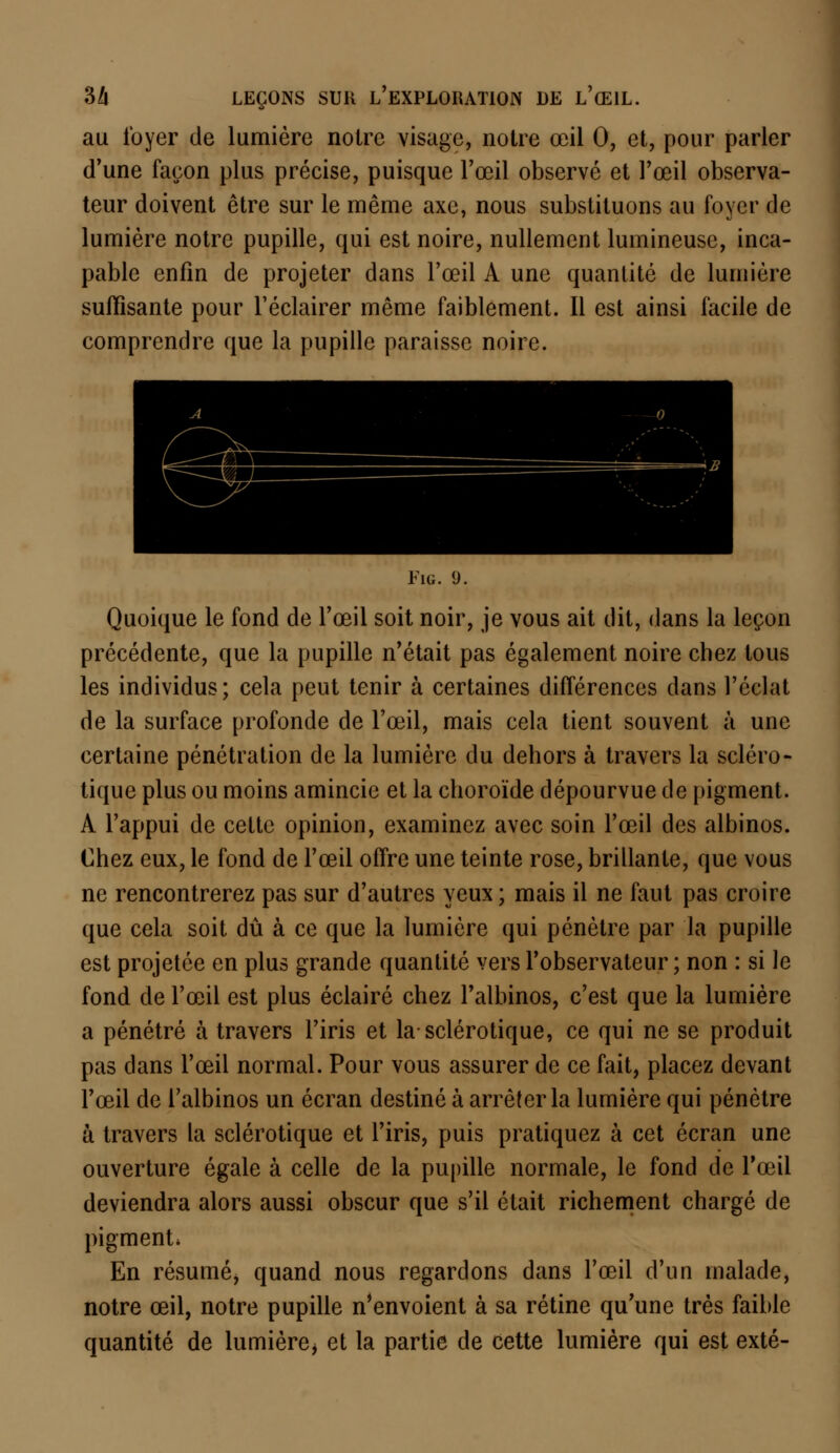 au loyer de lumière noire visage, notre œil 0, et, pour parler d'une façon plus précise, puisque l'œil observé et l'œil observa- teur doivent être sur le même axe, nous substituons au foyer de lumière notre pupille, qui est noire, nullement lumineuse, inca- pable enfin de projeter dans l'œil A une quantité de lumière suffisante pour l'éclairer même faiblement. Il est ainsi facile de comprendre que la pupille paraisse noire. Fig. y. Quoique le fond de l'œil soit noir, je vous ait dit, dans la leçon précédente, que la pupille n'était pas également noire chez tous les individus; cela peut tenir à certaines différences dans l'éclat de la surface profonde de l'œil, mais cela tient souvent à une certaine pénétration de la lumière du dehors à travers la scléro- tique plus ou moins amincie et la choroïde dépourvue de pigment. A l'appui de cette opinion, examinez avec soin l'œil des albinos. Chez eux, le fond de l'œil offre une teinte rose, brillante, que vous ne rencontrerez pas sur d'autres yeux ; mais il ne faut pas croire que cela soit dû à ce que la lumière qui pénètre par la pupille est projetée en plus grande quantité vers l'observateur ; non : si le fond de l'œil est plus éclairé chez l'albinos, c'est que la lumière a pénétré à travers l'iris et la sclérotique, ce qui ne se produit pas dans l'œil normal. Pour vous assurer de ce fait, placez devant l'œil de l'albinos un écran destiné à arrêter la lumière qui pénètre à travers la sclérotique et l'iris, puis pratiquez à cet écran une ouverture égale à celle de la pupille normale, le fond de l'œil deviendra alors aussi obscur que s'il était richement chargé de pigment, En résumé, quand nous regardons dans l'œil d'un malade, notre œil, notre pupille n'envoient à sa rétine qu'une très faible quantité de lumière, et la partie de cette lumière qui est exté-