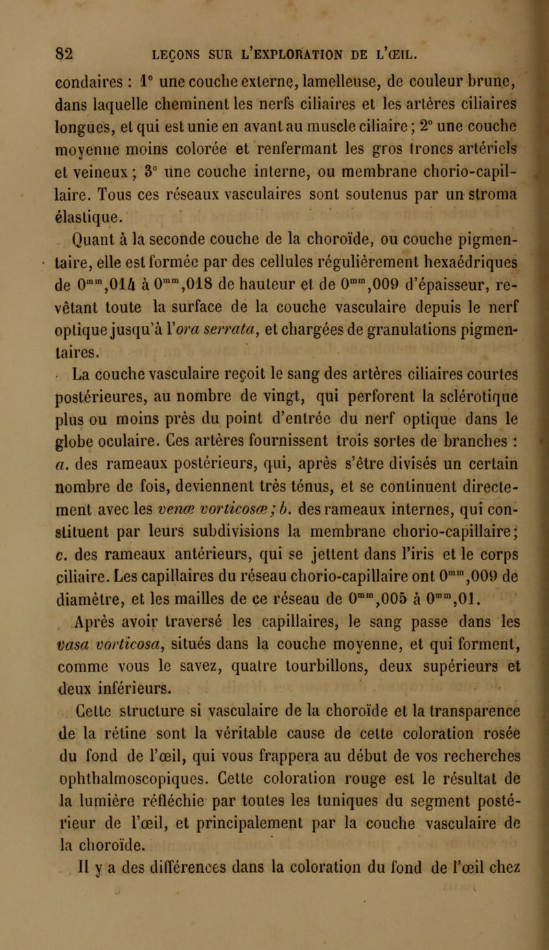 condaires : 1° une couche externe, lamelleuse, de couleur brune, dans laquelle cheminent les nerfs ciliaires et les artères ciliaires longues, et qui est unie en avant au muscle ciliaire ; 2° une couche moyenne moins colorée et renfermant les gros troncs artériels et veineux ; 3° une couche interne, ou membrane chorio-capil- laire. Tous ces réseaux vasculaires sont soutenus par un stroma élastique. Quant à la seconde couche de la choroïde, ou couche pigmen- taire, elle est formée par des cellules régulièrement hexaédriques de 0,nm,01Zi à 0,nm,018 de hauteur et de 0mm,009 d'épaisseur, re- vêtant toute la surface de la couche vasculaire depuis le nerf optique jusqu'à Yora serrata, et chargées de granulations pigmen- taires. La couche vasculaire reçoit le sang des artères ciliaires courtes postérieures, au nombre de vingt, qui perforent la sclérotique plus ou moins près du point d'entrée du nerf optique dans le globe oculaire. Ces artères fournissent trois sortes de branches : «. des rameaux postérieurs, qui, après s'être divisés un certain nombre de fois, deviennent très ténus, et se continuent directe- ment avec les venœ vorticosœ;b. des rameaux internes, qui con- stituent par leurs subdivisions la membrane chorio-capillaire; c. des rameaux antérieurs, qui se jettent dans l'iris et le corps ciliaire. Les capillaires du réseau chorio-capillaire ont 0mm,009 de diamètre, et les mailles de ce réseau de 0mm,005 à 0mm,01. Après avoir traversé les capillaires, le sang passe dans les t'usa vorticosa, situés dans la couche moyenne, et qui forment, comme vous le savez, quatre tourbillons, deux supérieurs et deux inférieurs. Cette structure si vasculaire de la choroïde et la transparence de la rétine sont la véritable cause de cette coloration rosée du fond de l'œil, qui vous frappera au début de vos recherches ophthalmoscopiques. Cette coloration rouge est le résultat de la lumière réfléchie par toutes les tuniques du segment posté- rieur de l'œil, et principalement par la couche vasculaire de la choroïde. II y a des différences dans la coloration du fond de l'œil chez