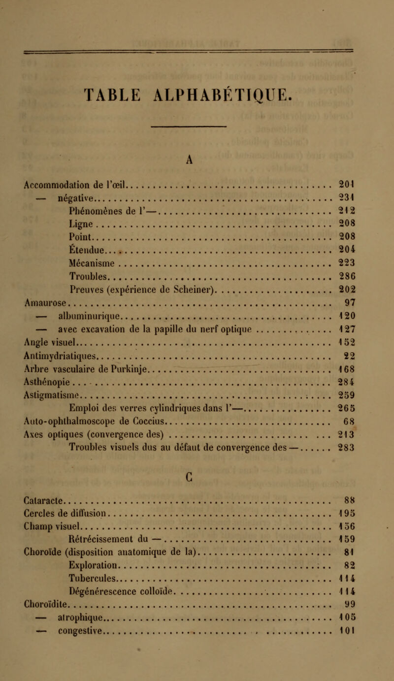 TABLE ALPHABÉTIQUE. Accommodation de l'œil 201 — négative 231 Phénomènes de 1*— 212 Ligne 208 Point 208 Étendue 204 Mécanisme 223 Troubles 286 Preuves (expérience de Scheiner) 202 Amaurose 97 — albuminuriquc 120 — avec excavation de la papille du nerf optique 127 Angle visuel 152 Antimydriatiques 22 Arbre vasculaire de Purkinje 168 Asthénopie... 284 Astigmatisme 259 Emploi des verres cylindriques dans Y— 265 Auto-ophthalmoscope de Coccius 68 Axes optiques (convergence des) 213 Troubles visuels dus au défaut de convergence des — 283 G Cataracte 88 Cercles de diffusion 195 Champ visuel 156 Rétrécissement du — 159 Choroïde (disposition anatomique de la) 81 Exploration 82 Tubercules 114 Dégénérescence colloïde 114 Choroïdite 99 — alrophique 105 — congestive 101