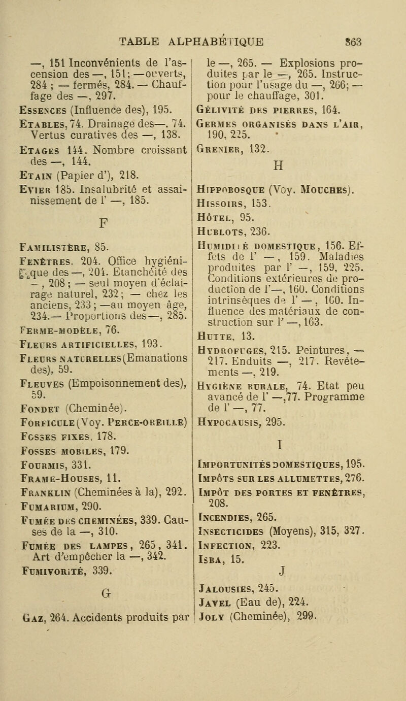 —, 151 Inconvénients de l'as- I cension des—, 151;—ouverts, j 284 ; — fermés, 284. — Chauf- ! fage des —, 297. Essences (Influence des), 195. Etables,74. Drainage des—. 74. Vertus curalives des —, 138. Etages 144. Nombre croissant des —, 144. Etain (Papier d'), 218. Evier 185. Insalubrité et assai- nissement de 1' —, 185. Familistère, 85. Fenêtres. 204. Office hygiéni- |\que des—, 201. Eianchéité des - , 208 ; — seul moyen d'éclai- rage naturel, 232; — chez les anciens. 233 ; —au moyen âge, 234.— Proportions des—, 285. Ferme-modèle, 76. Fleurs artificielles, 193. Fleurs NATCRELLES(Emanations des), 59. Fleuves (Empoisonnement des). 59. Fosdet (Cheminée). FoRFicuLE(Voy. Perce-oreille) Fosses fixes, 178. Fosses mobiles, 179. Fourmis, 331. Frame-Houses, 11. Franklin (Cheminées à la), 292. Fomarium, 290. Fimée des cheminées, 339. Cau- ses de la—, 310. Fumée des lampes, 265, 341. Art d'empêcher la —, 342. FUMIVORiTÉ, 339. a Gaz, 264. Accidents produits par le —, 265. — Explosions pro- duites par le —, 265. Instruc- tion pour l'usage du —, 266; — pour le chauffage, 301. Gélivité des pierres, 164. Germes organisés dans l'air, 190. 225. Grenier, 132. H Hfppobosque (Voy. Mouches). Hissoirs, 153. HÔTEL, 95. Hublots, 236. Humidiié domestique, 156. Ef- fets de 1' —, 159. Maladies produites par 1' —, 159, 225. Conditions extérieures de pro- duction de Y—, 160. Conditions intrinsèques d^ Y — , 160. In- fluence des matériaux de con- struction sur T —, 163. Hutte, 13. Hydrofuges, 215. Peintures, — 217. Enduits —, 217. Revête- ments—, 219. Hygiène rurale, 74. Etat peu avancé de 1' —,77. Programme de 1' -, 77. Hypocausis, 295. Importunités domestiques, 195. Impôts sur les allumettes, 276. Impôt des portes et fenêtres, 208. Incendies, 265. Insecticides (Moyens), 315, 327. Infection, 223. Isba, 15. J Jalousies, 245. Javel (Eau de), 224. Joly (Cheminée), 299.