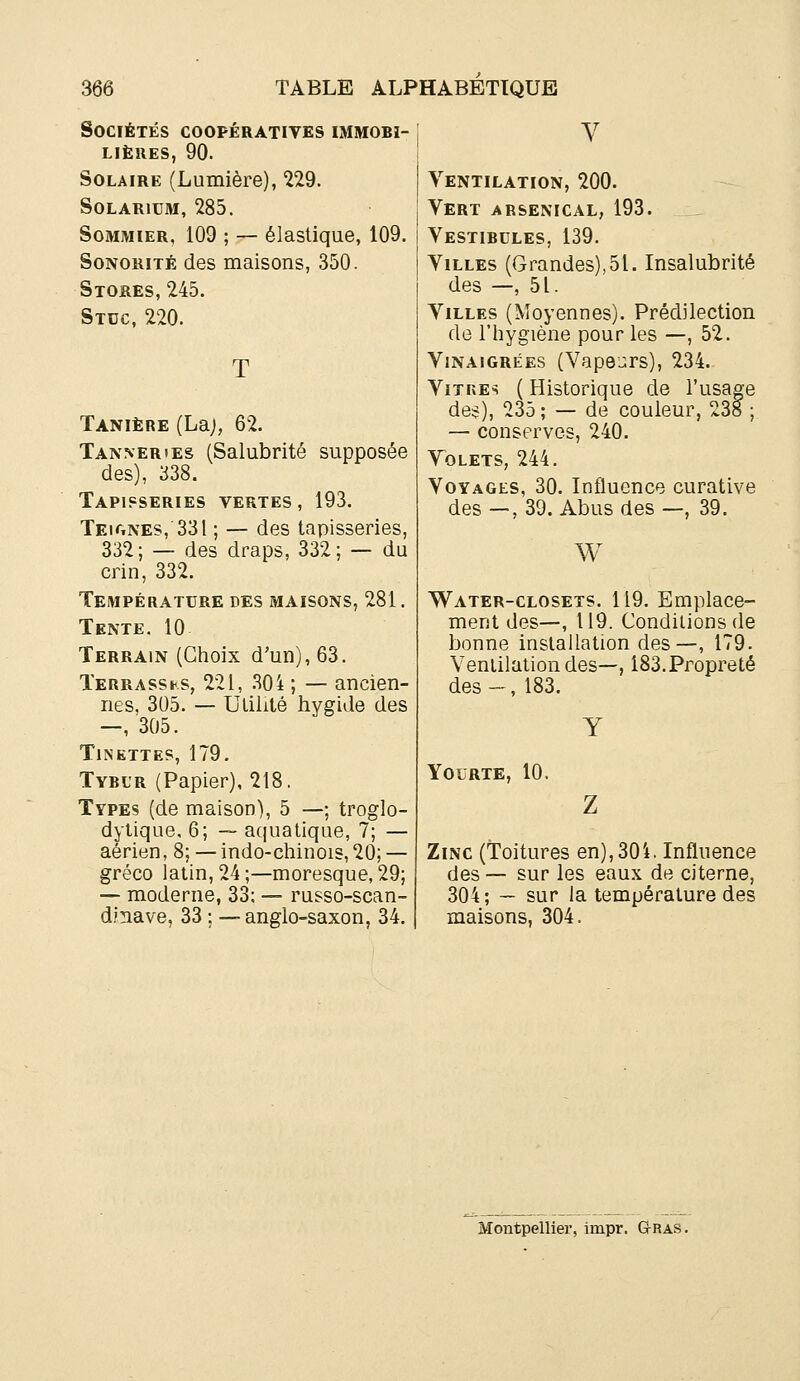 Sociétés coopératives immobi- lières, 90. Solaire (Lumière), 229. Solarium, 285. Sommier, 109 ; — élastique, 109. Sonorité des maisons, 350. Stores, 245. Stuc, 220. Tanière (La;, 62. Tanner»es (Salubrité supposée des), 338. Tapisseries vertes, 193. Teignes,'331 ; — des tapisseries, 332; — des draps, 332; — du crin, 332. Température des maisons, 281. Tente. 10 Terrain (Choix d'un), 63. Terrassks, 221, 304 ; — ancien- nes, 305. — Utilité hygide des -, 305. Tinettes, 179. Tybur (Papier), 218. Types (de maison), 5 —; troglo- dytique. 6; — aquatique, 7; — aérien, 8; — indo-chinois, 20; — gréco latin, 24;—moresque, 29; — moderne, 33: — russo-scan- dmave, 33 : — anglo-saxon, 34. Ventilation, 200. Vert arsenical, 193. | Vestibules, 139. Villes (Grandes),51. Insalubrité des —,51. Villes (Moyennes). Prédilection de l'hygiène pour les —, 52. Vinaigrées (Vapeurs), 234. Vitre* ( Historique de l'usage des), 235 ; — de couleur, 238 ; — conserves, 240. Volets, 244. Voyages, 30. Influence curative des—, 39. Abus des—, 39. W Water-closets. 119. Emplace- ment des—, 119. Conditions de bonne installation des—, 179. Ventilation des—, 183.Propreté des -, 183. Yourte, 10. Zinc (Toitures en),30i. Influence des — sur les eaux de citerne, 304; — sur la température des maisons, 304. Montpellier, impr. G-ras.