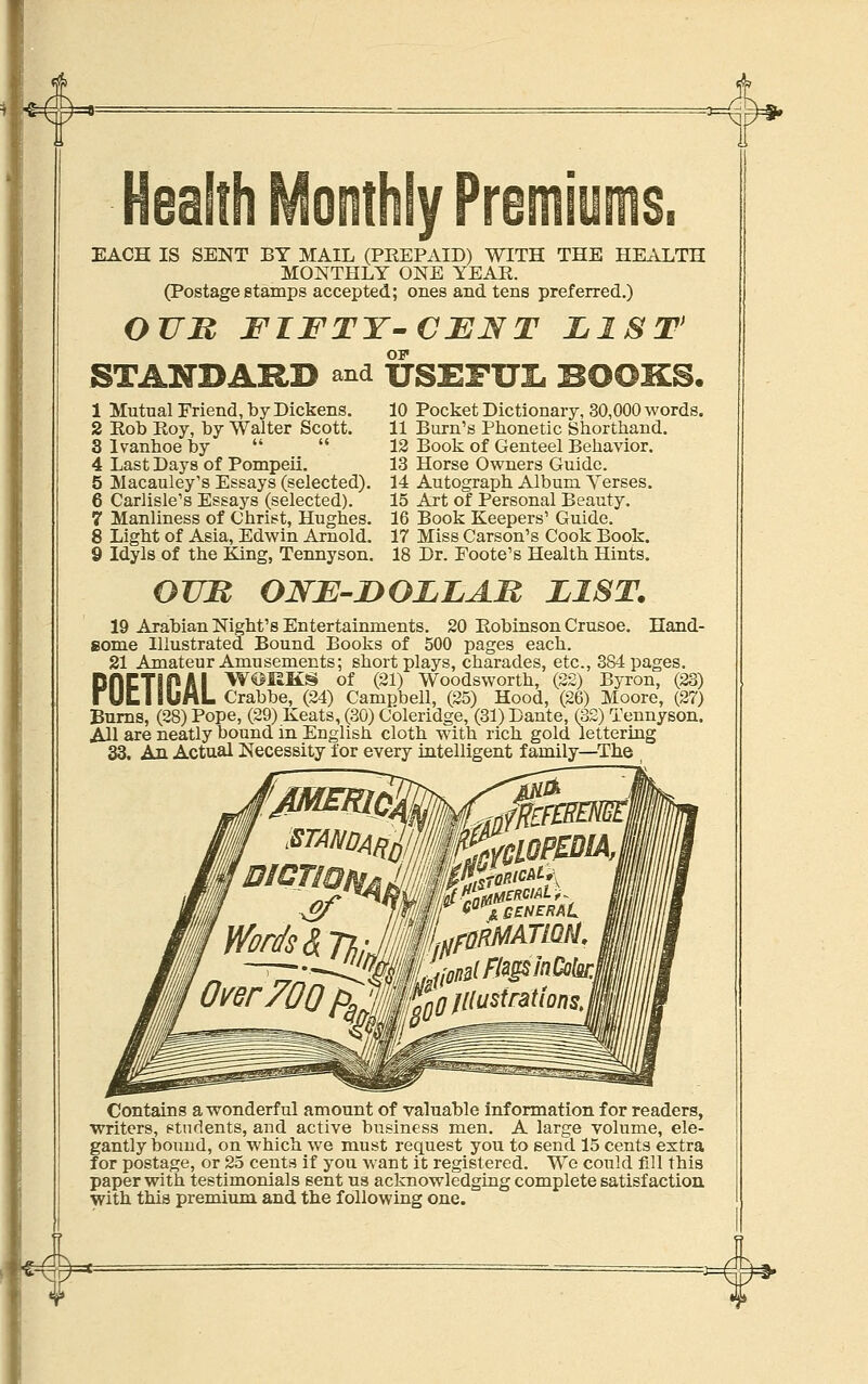 EACH IS SENT BY MAIL (PREPAID) WITH THE HE^VLTH MONTHLY ONE YEAR. (Postagestamps accepted; ones and tens preferred.) OUn FIFTY-CMNT LIST OF STANDARD and USEFUL BOOKS. 1 Mutual Friend, by Dickens. 2 Rob Roy, by Walter Scott. 3 Ivanhoe by   4 Last Days of Pompeii. 5 Macauley's Essays (selected). 6 Carlisle's Essays (^selected). 7 Manliness of Christ, Hughes. 8 Light of Asia, Edwin Arnold. 9 Idyls of the King, Tennyson. 10 Pocket Dictionary, 30,000 words. 11 Burn's Phonetic Shorthand. 12 Book of Genteel Behavior. 13 Horse Owners Guide. 14 Autograph Album Yerses. 15 Art of Personal Beauty. 16 Book Keepers' Guide. 17 Miss Carson's Cook Book. 18 Dr. Eoote's Health Hints. Oim ONE-nOLLAB LIST. 19 Arabian Night's Entertainments. 20 Robinson Crusoe. Hand- some Illustrated Bound Books of 500 pages each. 21 Amateur Amusements; short plays, charades, etc., 384 pages. DnCTII^AI W^MKS of (21) Woodsworth, (22) Byron, (23) rULlBUAL Crabbe, (24) Campbell, (25) Hood, (26) Moore, (27) Bums, (28) Pope, (29) Keats, (30) Coleridge, (31) Dante, (32) Tennyson. All are neatly bound in English cloth with rich gold lettering 33. An Actual Necessity for every intelligent family—The Contains a wonderful amount of valuable information for readers, writers, students, and active business men. A large volume, ele- gantly bound, on which we must recLuest you to send 15 cents extra for postage, or 25 cents if you want it registered. We could fill this paper with testimonials sent us acknowledging complete satisfaction with this premium and the following one.