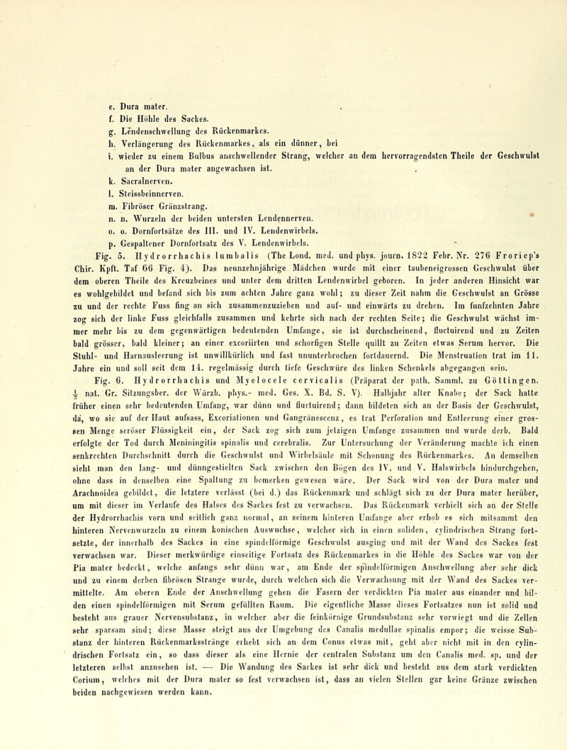 e. Dura mater. f. Die Höhle des Sackes. g. LcndenschwcUung des Rückenmarkes. h. Verlängerung des Rückenmarkes, als ein dünner, bei i. wieder zu einem Bulbus anschwellender Strang, welcher an dem hervorragendsten Theile der Geschwulst an der Dura mater angewachsen ist. k. Sacralnerven. 1. Stcissbeinncrven. ra. Fibröser Gränzstrang. n. n. Wurzeln der beiden untersten Lendennerven. * 0. 0. Dornfortsälze des III. und IV. Lendenwirbels. p. Gespaltener Dornfortsatz des V. Lendenwirbels. Fig. 5. Hyd ro rrhachis lumbalis (The Lond. med. und phys. journ. 1822 Febr. Nr. 276 Froriep's Chir. Kpft. Taf 66 Fig. 4). Das neunzehnjährige Mädchen wurde mit einer taubeneigrossen Geschwulst über dem oberen Theile des Kreuzbeines und unter dem dritten Lendenwirbel geboren. In jeder anderen Hinsicht war es wohlgebildet und befand sich bis zum achten Jahre ganz wohl; zu dieser Zeit nahm die Geschwulst an Grösse zu und der rechte Fuss fing an sich zusammenzuziehen und auf- und einwärts zu drehen. Im fünfzehnten Jahre zog sich der linke Fuss gleichfalls zusammen und kehrte sich nach der rechten Seite; die Geschwulst wächst im- mer mehr bis zu dem gegenwärtigen bedeutenden Umfange, sie ist durchscheinend, fluctuirend und zu Zeiten bald grösser, bald kleiner; an einer excoriirten und schorfigen Stelle quillt zu Zeiten etwas Serum hervor. Die Stuhl- und Harnausleerung ist unwillkürlich und fast ununterbrochen fortdauernd. Die Menstruation trat im 11. Jahre ein und soll seit dem 14. regelmässig durch tiefe Geschwüre des linken Schenkels abgegangen sein. Fig. 6. Hydrorrhachis und Myeloccle cervicalis (Präparat der path. Samml. zu Göttingen. ^ nat. Gr. Silzungsber. der Würzb. phys.- med. Ges. X. Bd. S. V). Halbjahr alter Knabe; der Sack hatte früher einen sehr bedeutenden Umfang, war dünn und fluctuirend; dann bildeten sich an der Basis der Geschvrulst, da, wo sie auf der Haut aufsass, Excoriutionen und Gangränescenz, es trat Perforation und Enlleorung einer gros- sen Menge seröser Flüssigkeit ein, der Sack zog sich zum jetzigen Umfange zusammen und wurde derb. Bald erfolgte der Tod durch Meniningilis spinalis und ccrebralis. Zur Untersuchung der Veränderung machte ich einen senkrechten Durchschnitt durch die Geschwulst und Wirbelsätilc mit Schonung des Rückenmarkes. An demselben sieht man den lang- und dünngeslielten Sack zwischen den Bögen des IV. und V. Halswirbels hindurchgehen, ohne dass in denselben eine Spaltung zu bemerken gewesen wäre. Der Sack wird von der Dura mater und Arachnoidea gebildet, die letztere vcriässt (bei d.) das Rückenmark und schlägt sich zu der Dura mater herüber, um mit dieser im Verlaufe des Halses des Sackes fest zu verwachsen. Das Rückenmark verhielt sich an der Stelle der Hydrorrhachis vorn und seillich ganz normal, an seinem hinteren Umfange aber erhob es sich mitsammt den hinteren Nervenwurzcin zu einem konischen Auswüchse, welcher sich in einen soliden, cylindrischen Strang fort- setzte, der innerhalb des Sackes in eine spindelförmige Geschwulst ausging und mit der Wand des Sackes fest verwachsen war. Dieser merkwürdige einseitige Fortsatz des Rückenmarkes in die Höhle des Sackes war von der Pia mater bedeckt, ivelchc anfangs sehr dünn war, am Ende der spindelförmigen Anschwellung aber sehr dick und zu einem derben fibrösen Strange wurde, durch welchen sich die Verwachsung mit der Wand des Sackes ver- mittelte. Am oberen Endo der Anschwellung gehen die Fasern der verdickten Pia mater aus einander und bil- den einen spindelförmigen mit Serum gefüllten Raum. Die eigentliche Masse dieses Fortsatzes nun ist solid und besteht aus grauer Nervensubstanz, in welcher aber die feinkörnige Grundsuhstanz sehr vorwiegt und die Zellen sehr sparsam sind; diese Jlasse steigt aus der Umgebung des Canalis medullae spinalis empor; die weisse Sub- stanz der hinteren Rückenmarksstränge erhebt sich an dem Conus etwas mit, gehl aber nicht mit in den cylin- drischen Forlsalz ein, so dass dieser als eine Hernie der centralen Substanz um den Canalis med. sp. und der letzteren selbst anzusehen ist. — Die Wandung des Sackes ist sehr dick und besteht aus dem stark verdickten Corium, welches mit der Dura mater so fest verwachsen ist, dass an vielen Stellen gar keine Gränze zwischen beiden nachgewiesen werden kann.