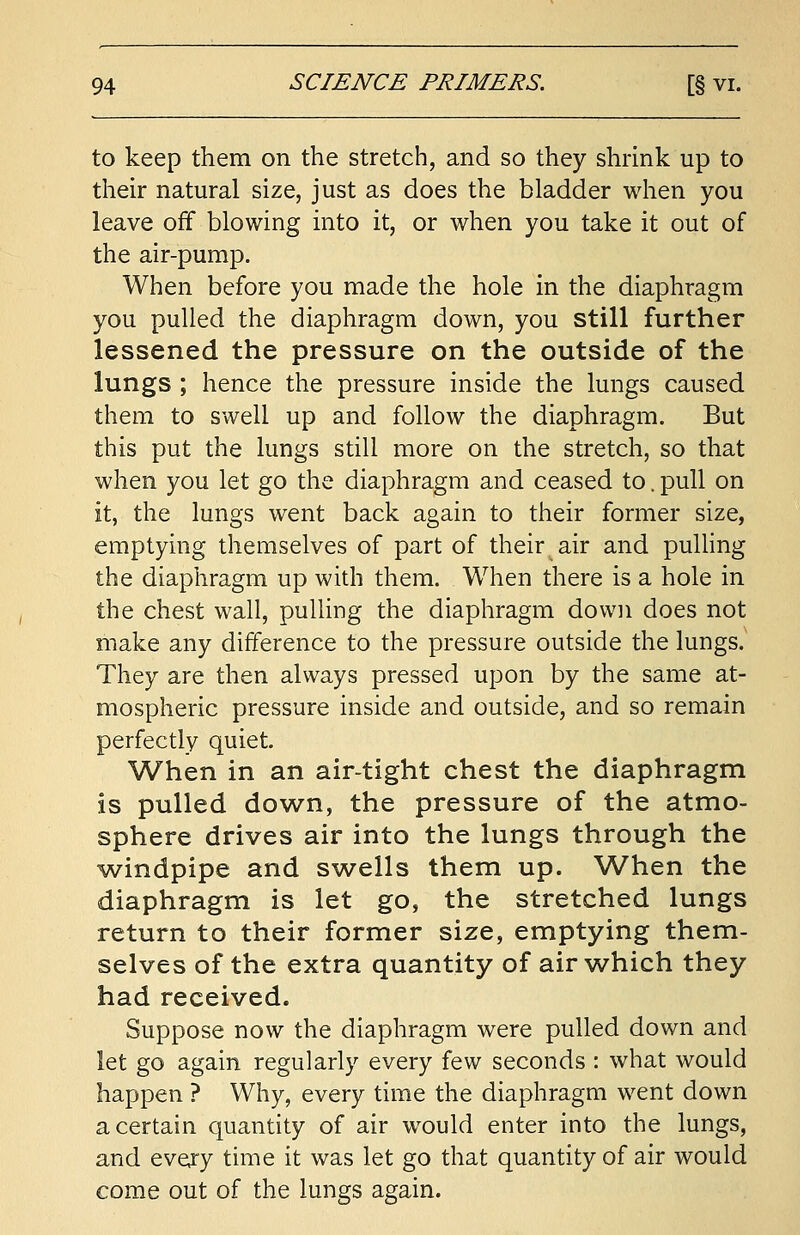 to keep them on the stretch, and so they shrink up to their natural size, just as does the bladder when you leave off blowing into it, or when you take it out of the air-pump. When before you made the hole in the diaphragm you pulled the diaphragm down, you still further lessened the pressure on the outside of the lungs ; hence the pressure inside the lungs caused them to swell up and follow the diaphragm. But this put the lungs still more on the stretch, so that when you let go the diaphragm and ceased to. pull on it, the lungs went back again to their former size, emptying themselves of part of their air and pulling the diaphragm up with them. When there is a hole in the chest wall, pulling the diaphragm down does not make any difference to the pressure outside the lungs. They are then always pressed upon by the same at- mospheric pressure inside and outside, and so remain perfectly quiet. When in an air-tight chest the diaphragm is pulled down, the pressure of the atmo- sphere drives air into the lungs through the windpipe and swells them up. When the diaphragm is let go, the stretched lungs return to their former size, emptying them- selves of the extra quantity of air which they had received. Suppose now the diaphragm were pulled down and let go again regularly every few seconds : what would happen ? Why, every time the diaphragm went down a certain quantity of air would enter into the lungs, and every time it was let go that quantity of air would come out of the lungs again.