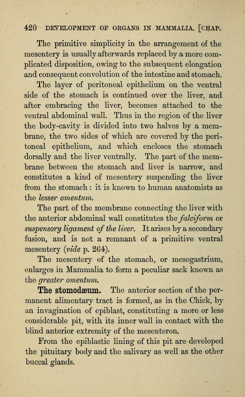 The primitive simplicity in the arrangement of the mesentery is usually afterwards replaced by a more com- plicated disposition, owing to the subsequent elongation and consequent convolution of the intestine and stomach. The layer of peritoneal epithelium on the ventral side of the stomach is continued over the liver, and after embracing the liver, becomes attached to the ventral abdominal wall. Thus in the region of the liver the body-cavity is divided into two halves by a mem- brane, the two sides of which are covered by the peri- toneal epithelium, and which encloses the stomach dorsally and the liver ventrally. The part of the mem- brane between the stomach and liver is narrow, and constitutes a kind of mesentery suspending the liver from the stomach: it is known to human anatomists as the lesser omentum. The part of the membrane connecting the liver with the anterior abdominal wall constitutes the falciform or suspensory ligament of the liver. It arises by a secondary fusion, and is not a remnant of a primitive ventral mesentery (vide p. 264). The mesentery of the stomach, or mesogastrium, enlarges in Mammalia to form a peculiar sack known as the greater omentum. The stomodeeum. The anterior section of the per- manent alimentary tract is formed, as in the Chick, by an invagination of epiblast, constituting a more or less considerable pit, with its inner wall in contact with the bhnd anterior extremity of the mesenteron. From the epiblastic lining of this pit are developed the pituitary body and the salivary as well as the other buccal glands.