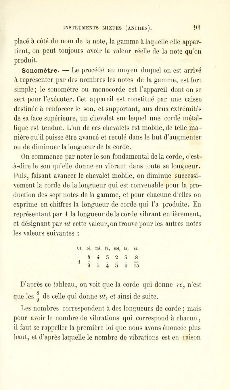 placé à côté du nom de la note, la gamme à laquelle elle appar- tient, on peut toujours avoir la valeur réelle de la note qu'on produit. Sonomètre. — Le procédé au moyen duquel on est arrivé à représenter par des nombres les notes de la gamme, est fort simple ; le sonomètre ou monocorde est l'appareil dont on se sert pour l'exécuter. Cet appareil est constitué par une caisse destinée à renforcer le son, et supportant, aux deux extrémités de sa face supérieure, un chevalet sur lequel une corde métal- lique est tendue. L'un de ces chevalets est mobile, de telle ma- nière qu'il puisse être avancé et reculé dans le but d'augmenter ou de diminuer la longueur de la corde. On commence par noter le son fondamental de la corde, c'est- à-dire le son qu'elle donne en vibrant dans toute sa longueur. Puis, faisant avancer le chevalet mobile, on diminue successi- vement la corde de la longueur qui est convenable pour la pro- duction des sept notes de la gamme, et pour chacune d'elles on exprime en chiffres la longueur de corde qui l'a produite. En représentant par 1 la longueur de la corde vibrant entièrement, et désignant par ut cette valeur, on trouve pour les autres notes les valeurs suivantes : Ut, ré, mi, fa, sol, la, si. 8 4 3 2 5 8 1 9 5 4 3 5 Ï5 D'après ce tableau, on voit que la corde qui donne ré, n'est que les g de celle qui donne ut, et ainsi de suite. Les nombres correspondent à des longueurs de corde ; mais pour avoir le nombre de vibrations qui correspond à chacun, il faut se rappeller la première loi que nous avons énoncée plus haut, et d'après laquelle le nombre de vibrations est en raison