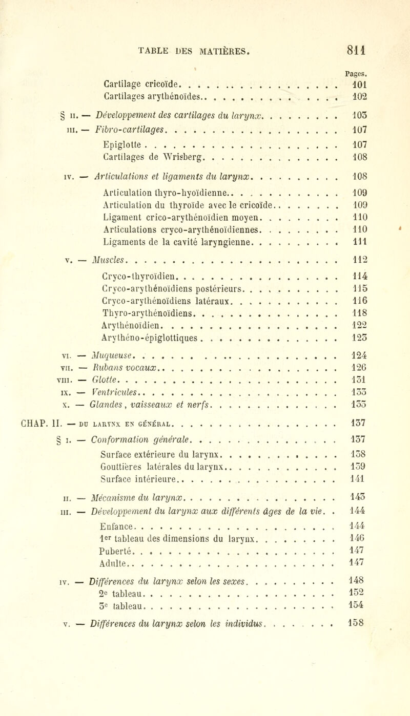 Cartilage cricoïde 101 Cartilages arythénoïdes 102 § il— Développement des cartilages du larynx 105 ni.— Fibro-cartilages 107 Epiglotte 107 Cartilages de ^Yrisberg 108 iv. — Articulations et ligaments du larynx 108 Articulation thyro-hyoïdienne.. 109 Articulation du thyroïde avec le cricoïde 109 Ligament crico-arythénoïdien moyen 110 Articulations cryco-arythénoïdiennes 110 Ligaments de la cavité laryngienne 111 v. — Muscles 112 Cryco-thyroïdien. . 114 Cryco-arythénoïdiens postérieurs 115 Cryco-arythénoïdiens latéraux. . . . . 116 Thyro-arythénoïdiens 118 Arythénoïdien 122 Arythéno-épiglottiques 125 vi. — Muqueuse 124 vu. — Rubans vocaux 126 vin. — Glotte 151 ix. — Ventricules 155 x. — Glandes, vaisseaux et nerfs. . , 155 CHAP. II. — DU LARYNX EN GÉNÉRAL 157 § i. — Conformation générale . . . 157 Surface extérieure du larynx 158 Gouttières latérales du larynx 159 Surface intérieure 141 h. — Mécanisme du larynx 145 m. — Développement du larynx aux différents âges de la vie. . 144 Enfance 144 1er tableau des dimensions du larynx 146 Puberté. 147 Adulte 147 iv. — Différences du larynx selon les sexes 148 2e tableau 152 5e tableau < 154 v. — Différences du larynx selon les individus. 158