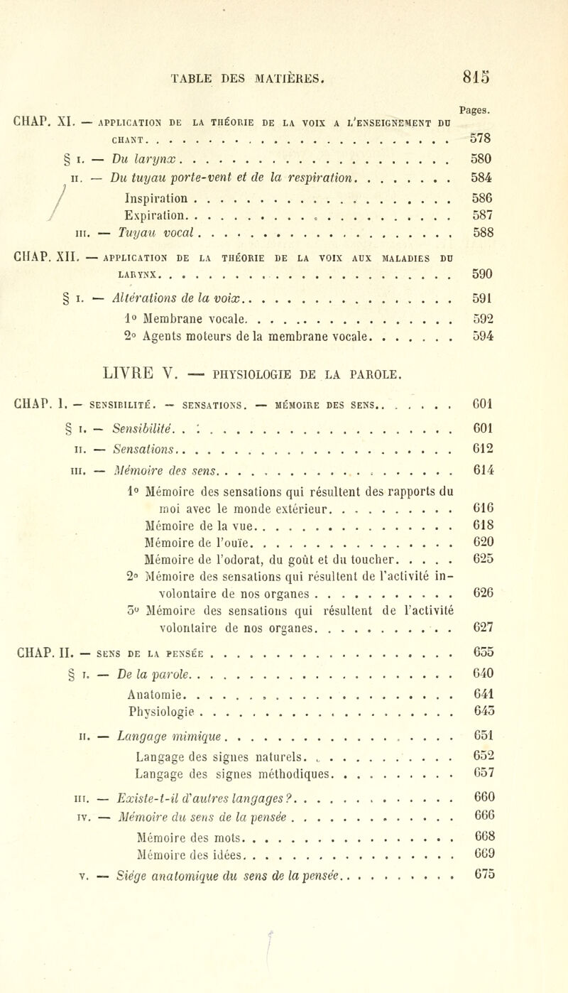 Pages. CHAP. XI. — APPLICATION DE LA THÉORIE DE LA VOIX A L'ENSEIGNEMENT DU CHANT 578 § i. — Du larynx 580 h. — Du tuyau porte-vent et de la respiration 584 /Inspiration 586 Expiration 587 m. — Tuyau vocal 588 CHAP. XII. — APPLICATION DE LA THÉORIE DE LA VOIX AUX MALADIES DU LARYNX 590 § i. — Altérations de la voix 591 1° Membrane vocale 592 2° Agents moteurs delà membrane vocale 594 LIVRE V. — PHYSIOLOGIE DE LA PAROLE. CHAP. 1. — SENSIBILITÉ. — SENSATIONS. — MÉMOIRE DES SENS.. ..... G01 § i. — Sensibilité. . '. 601 ii. — Sensations 612 m. — Mémoire des sens. . . . = 614 1° Mémoire des sensations qui résultent des rapports du moi avec le monde extérieur 616 Mémoire de la vue 618 Mémoire de l'ouïe 620 Mémoire de l'odorat, du goût et du toucher 625 2° Mémoire des sensations qui résultent de l'activité in- volontaire de nos organes 626 5° Mémoire des sensations qui résultent de l'activité volontaire de nos organes . 627 CHAP. II. — SENS DE LA PENSÉE 655 § i. — De la parole 640 Anatomie , 641 Physiologie 645 il. — Langage mimique 651 Langage des signes naturels. L 652 Langage des signes méthodiques. 657 m. — Existe-t-il d'autres langages? 660 iv. — Mémoire du sens de la pensée 666 Mémoire des mots 668 Mémoire des idées 669 v. — Siège anatomique du sens de la pensée 675