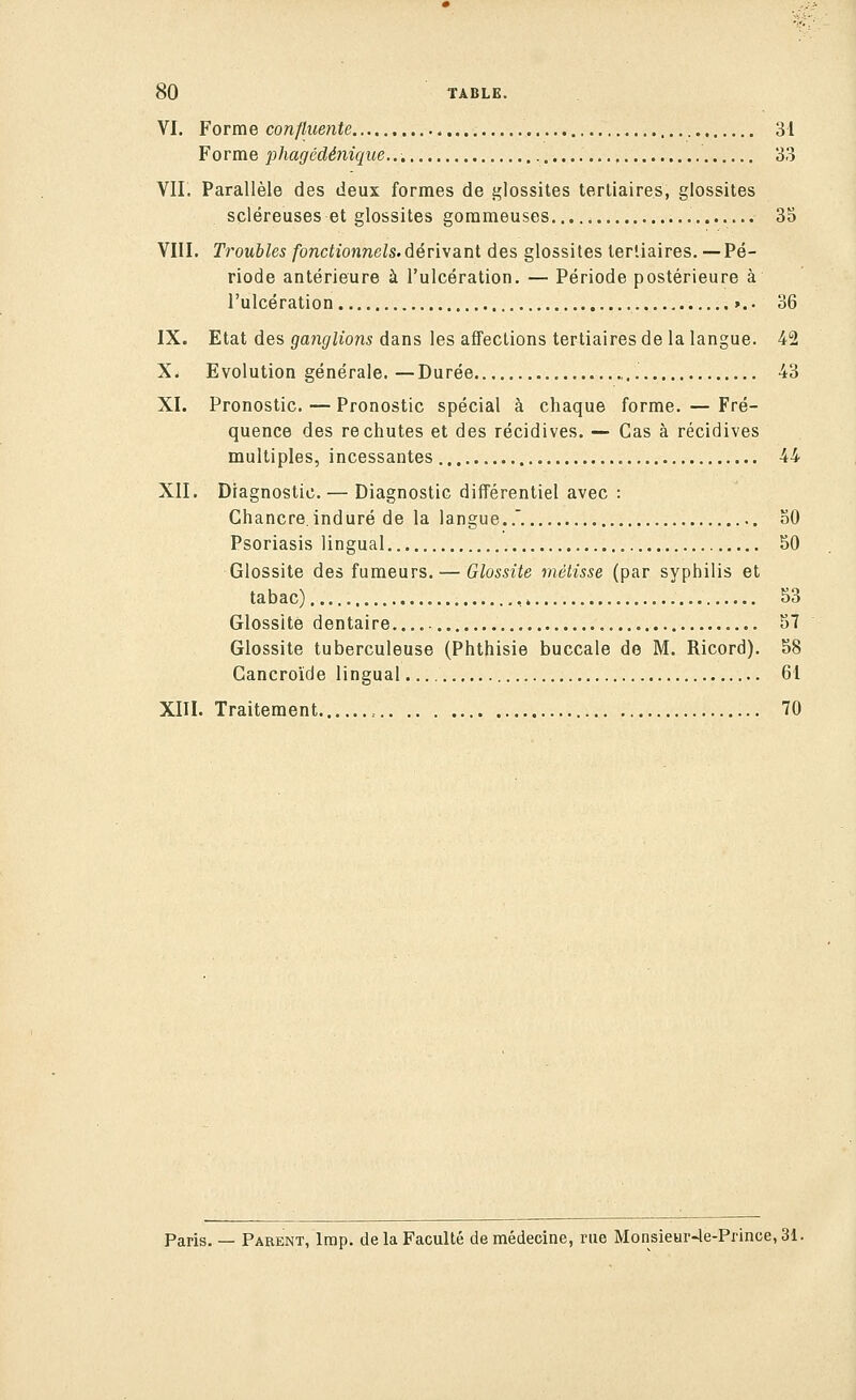 80 TABLE. VI. Forme confluente 31 Forme phagédénique.. 33 VII. Parallèle des deux formes de glossites tertiaires, glossites sçléreuses et glossites gommeuses 3o VIII. Troubles /bnciiowneZs.dérivant des glossites tertiaires. —Pé- riode antérieure à l'ulcération. — Période postérieure à l'ulcération »,. 36 IX. Etat des ganglions dans les affections tertiaires de la langue. 42 X. Evolution générale. —Durée 43 XI. Pronostic. — Pronostic spécial à chaque forme. — Fré- quence des rechutes et des récidives. — Cas à récidives multiples, incessantes 44 XII. Diagnostic. — Diagnostic différentiel avec : Chancre induré de la langue..'. oO Psoriasis lingual 50 Glossite des fumeurs. — Glossite métisse (par syphilis et tabac) , » 53 Glossite dentaire..... 57 Glossite tuberculeuse (Phthisie buccale do M. Ricord). 58 Gancroïde lingual 61 XIII. Traitement , 70 Paris. — Pakent, Imp. de la Faculté de médecine, rue Monsieur-le-Prince, 31.