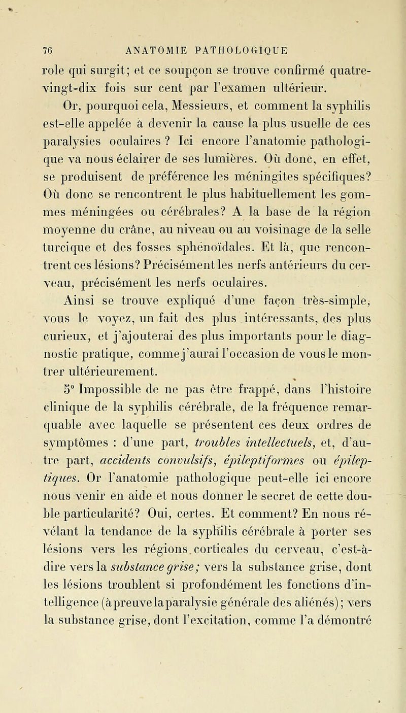 rôle qui surgit; et ce soupçon se trouve conDrmé quatre- vingt-dix fois sur cent par l'examen ultérieur. Or, pourquoi cela, Messieurs, et comment la syphilis est-elle appelée à devenir la cause la plus usuelle de ces paralysies oculaires ? Ici encore l'anatomie pathologi- que va nous éclairer de ses lumières. Où donc, en effet, se produisent de préférence les méningites spécifiques? Où donc se rencontrent le plus habituellement les gom- mes méningées ou cérébrales? A la base de la région moyenne du crâne, au niveau ou au voisinage de la selle turcique et des fosses sphénoïdales. Et là, que rencon- trent ces lésions? Précisément les nerfs antérieurs du cer- veau, précisément les nerfs oculaires. Ainsi se trouve expliqué d'une façon très-simple, vous le voyez, un fait des plus intéressants, des plus curieux, et j'ajouterai des plus importants pour le diag- nostic pratique, comme j'aurai l'occasion de vous le mon- trer ultérieurement. S° Impossible de ne pas être frappé, dans l'histoire clinique de la syphilis cérébrale, de la fréquence remar- quable avec laquelle se présentent ces deux ordres de symptômes : d'une part, troubles intellectuels, et, d'au- tre part, accidents convulsifs, épileptiformes ou épilej)- tiques. Or l'anatomie pathologique peut-elle ici encore nous venir en aide et nous donner le secret de cette dou- ble particularité? Oui, certes. Et comment? En nous ré- vélant la tendance de la syphilis cérébrale à porter ses lésions vers les régions.corticales du cerveau, c'est-à- dire vers la substance grise ; vers la substance grise, dont les lésions troublent si profondément les fonctions d'in- telligence (àpreuvelaparalysie générale des aliénés); vers la substance grise, dont l'excitation, comme l'a démontré