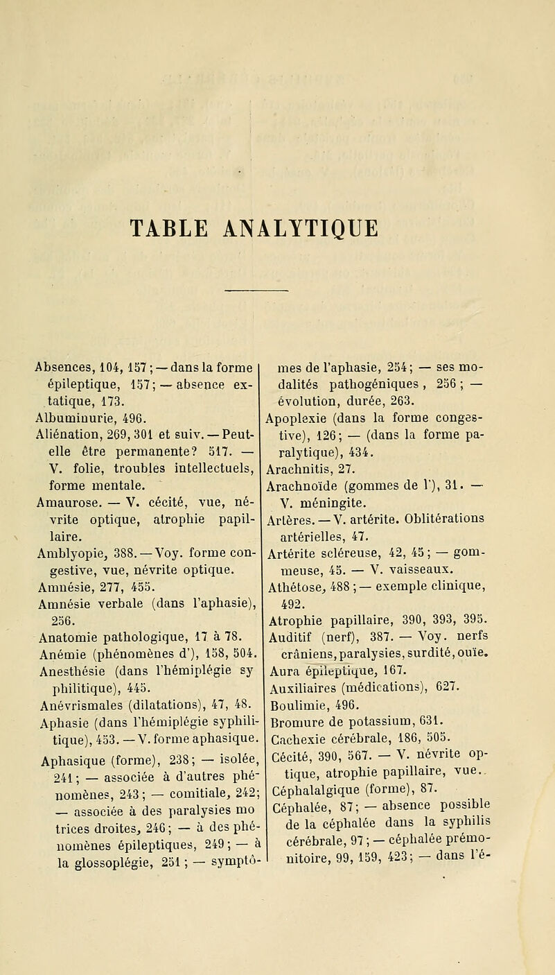 TABLE ANALYTIQUE Absences, 104, 157; —dans la forme épileptique, 157; — absence ex- tatique, 173. Albuminurie, 496. Aliénation, 269,301 et suiv. —Peut- elle être permanente? 517. — V. folie, troubles intellectuels, forme mentale. Amaurose. — V. cécité, vue, né- vrite optique, atrophie papil- laire. Amblyopie, 388. —Voy. forme con- gestive, vue, névrite optique. Amnésie, 277, 455. Amnésie verbale (dans l'aphasie), 256. Anatomie pathologique, 17 à 78. Anémie (phénomènes d'), 158, 504. Anesthésie (dans l'hémiplégie sy philitique), 445. Anévrismales (dilatations), 47, 48. Aphasie (dans l'hémiplégie syphili- tique), 453. — V. forme aphasique, Aphasique (forme), 238; — isolée, 241 ; — associée à d'autres phé- nomènes, 243; — comitiale, 242; — associée à des paralysies mo trices droites, 246 ; — à des phé- nomènes épileptiques, 249 ; — à la glossoplégie, 251 ; — symptô- mes de l'aphasie, 254; — ses mo- dalités pathogéniques , 256 ; — évolution, durée, 263. Apoplexie (dans la forme conges- tive), 126; — (dans la forme pa- ralytique), 434. Arachnitis, 27. Arachnoïde (gommes de 1'), 31. — V. méningite. Artères. —V. artérite. Oblitérations artérielles, 47. Artérite scléreuse, 42, 45; — gom- meuse, 45. — V. vaisseaux. Athétose, 488 ;— exemple clinique, 492. Atrophie papillaire, 390, 393, 395. Auditif (nerf), 387. — Voy. nerfs crâniens, paralysies, surdité, ouïe. Aura épileptique, 167. Auxiliaires (médications), 627. Boulimie, 496. Bromure de potassium, 631. Cachexie cérébrale, 186, 505. Cécité, 390, 567. — V. névrite op- tique, atrophie papillaire, vue.. Céphalalgique (forme), 87. Céphalée, 87; — absence possible de la céphalée dans la syphilis cérébrale, 97 ; — céphalée prémo- nitoire, 99, 159, 423; — dans l'é-