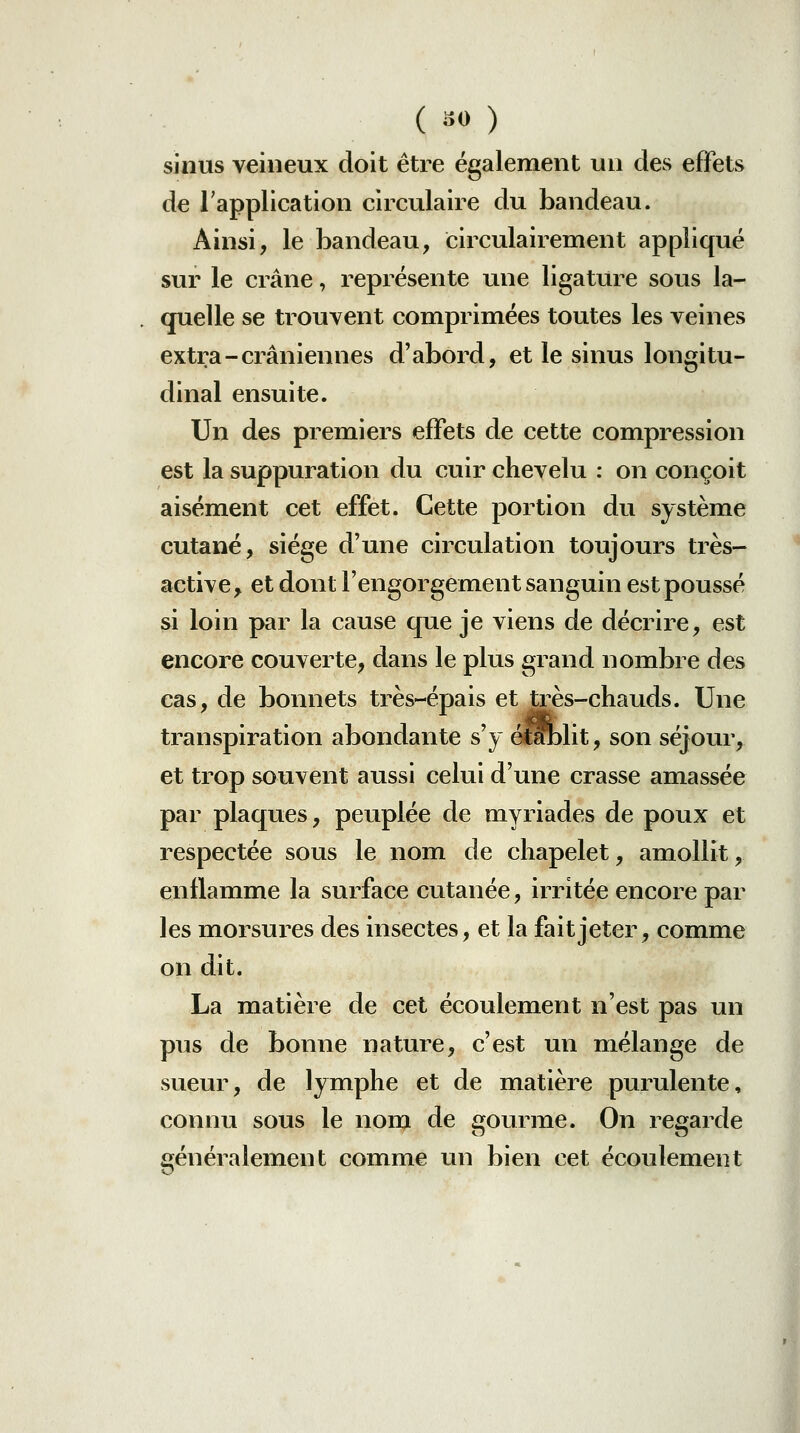 sinus veineux doit être également un des effets de Tapplication circulaire du bandeau. Ainsi, le bandeau, circulairement appliqué sur le crâne, représente une ligature sous la- quelle se trouvent comprimées toutes les veines extra-crâniennes d'abord, et le sinus longitu- dinal ensuite. Un des premiers effets de cette compression est la suppuration du cuir chevelu : on conçoit aisément cet effet. Cette portion du système cutané, siège d'une circulation toujours très- active, et dont l'engorgement sanguin est poussé si loin par la cause que je viens de décrire, est encore couverte, dans le plus grand nombre des cas, de bonnets très-épais et très-chauds. Une transpiration abondante s'y é^nlit, son séjour, et trop souvent aussi celui d'une crasse amassée par plaques, peuplée de myriades de poux et respectée sous le nom de chapelet, amollit, enflamme la surface cutanée, irritée encore par les morsures des insectes, et la fait jeter, comme on dit. La matière de cet écoulement n'est pas un pus de bonne nature, c'est un mélange de sueur, de lymphe et de matière purulente, connu sous le nora de gourme. On regarde généralement comme un bien cet écoulement