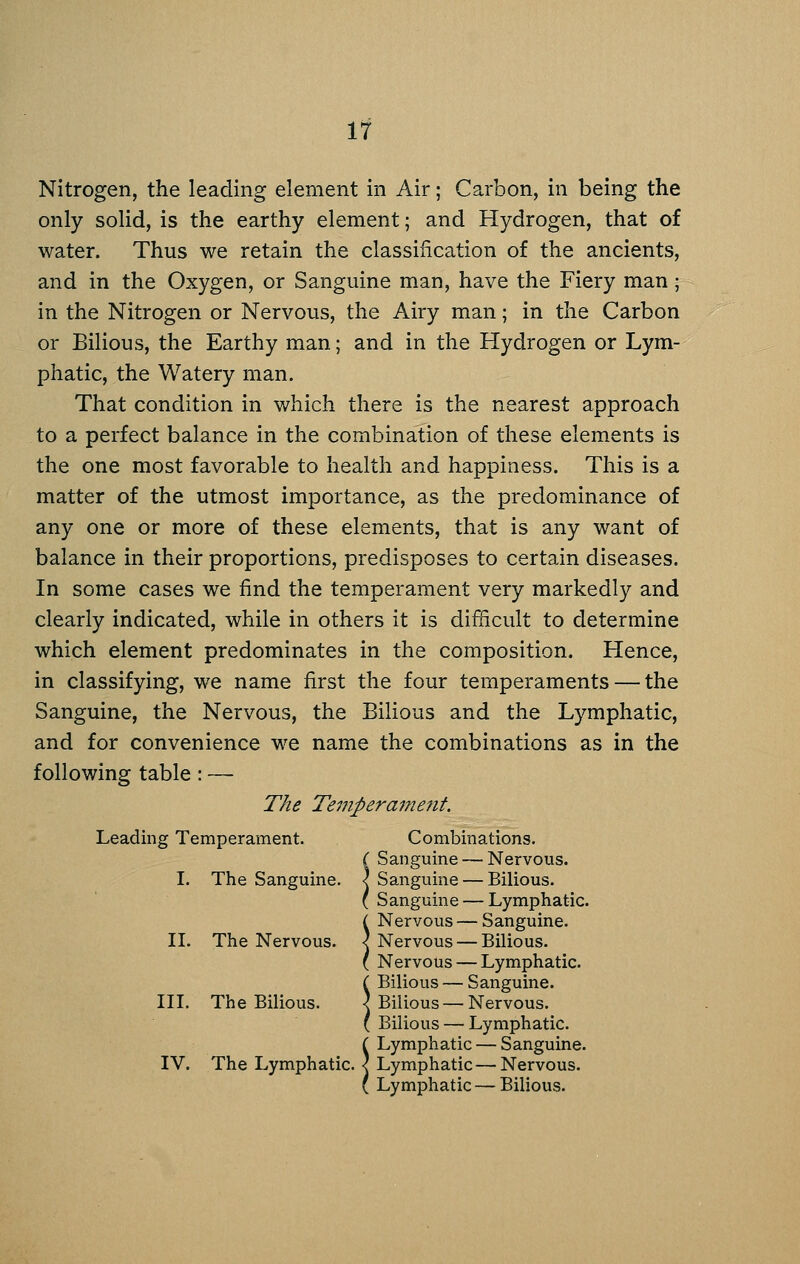 11 Nitrogen, the leading element in Air; Carbon, in being the only solid, is the earthy element; and Hydrogen, that of water. Thus we retain the classification of the ancients, and in the Oxygen, or Sanguine man, have the Fiery man ; in the Nitrogen or Nervous, the Airy man; in the Carbon or Bilious, the Earthy man; and in the Hydrogen or Lym- phatic, the Watery man. That condition in which there is the nearest approach to a perfect balance in the combination of these elements is the one most favorable to health and happiness. This is a matter of the utmost importance, as the predominance of any one or more of these elements, that is any want of balance in their proportions, predisposes to certain diseases. In some cases we find the temperament very markedly and clearly indicated, while in others it is difficult to determine which element predominates in the composition. Hence, in classifying, we name first the four temperaments — the Sanguine, the Nervous, the Bilious and the Lymphatic, and for convenience we name the combinations as in the following table : — TAe Temperame7it. Leading Temperament. Combinations. C Sanguine — Nervous. I. The Sanguine. \ Sanguine — Bilious. ( Sanguine — Lymphatic. i Nervous — Sanguine. II. The Nervous. < Nervous — Bilious. ( Nervous — Lymphatic. i Bilious — Sanguine. III. The Bilious. < Bilious — Nervous. ( Bilious — Lymphatic. i Lymphatic — Sanguine. IV. The Lymphatic. < Lymphatic — Nervous. ( Lymphatic — Bilious.