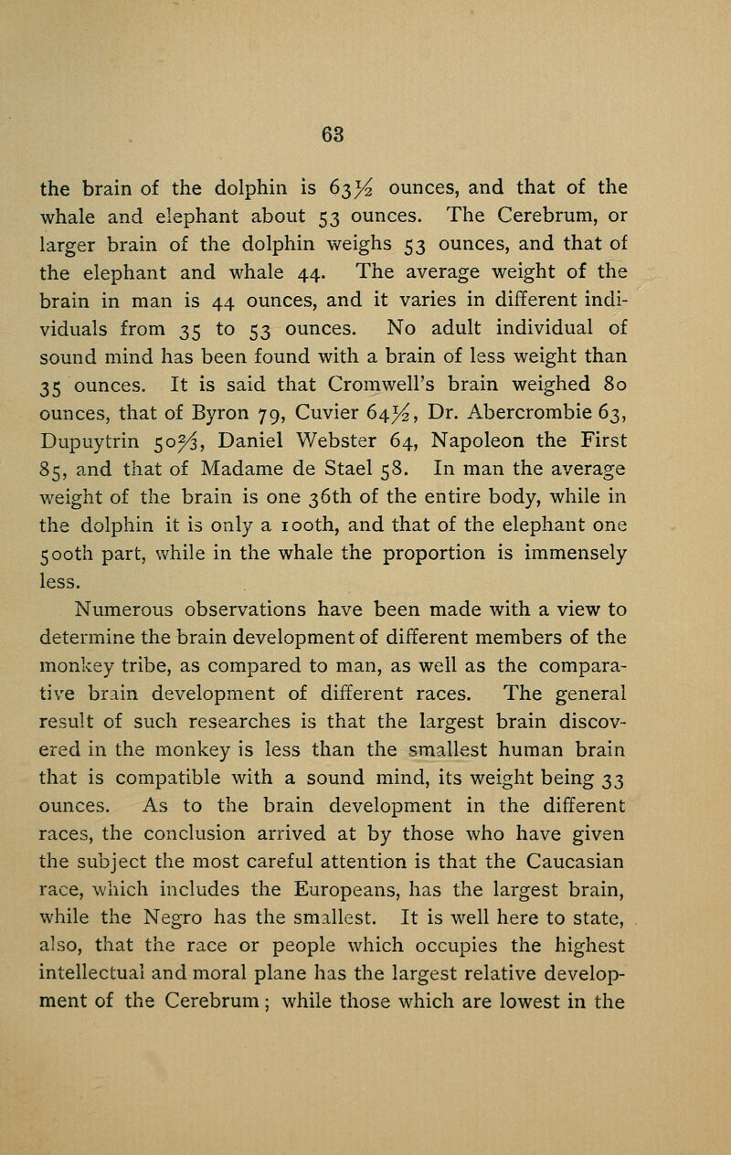 the brain of the dolphin is 63^ ounces, and that of the whale and elephant about 53 ounces. The Cerebrum, or larger brain of the dolphin weighs 53 ounces, and that of the elephant and whale 44. The average weight of the brain in man is 44 ounces, and it varies in different indi- viduals from 35 to 53 ounces. No adult individual of sound mind has been found with a brain of less weight than 35 ounces. It is said that Cromwell's brain weighed 80 ounces, that of Byron 79, Cuvier 64)^, Dr. Abercrombie 63, Dupuytrin 50^, Daniel Webster 64, Napoleon the First 85, and that of Madame de Stael 58. In man the average weight of the brain is one 36th of the entire body, while in the dolphin it is only a looth, and that of the elephant one 500th part, while in the whale the proportion is immensely less. Numerous observations have been made with a view to determine the brain development of different members of the monkey tribe, as compared to man, as well as the compara- tive brain development of different races. The general result of such researches is that the largest brain discov- ered in the monkey is less than the smallest human brain that is compatible with a sound mind, its weight being 33 ounces. As to the brain development in the different races, the conclusion arrived at by those who have given the subject the most careful attention is that the Caucasian race, which includes the Europeans, has the largest brain, while the Negro has the smallest. It is well here to state, also, that the race or people which occupies the highest intellectual and moral plane has the largest relative develop- ment of the Cerebrum; while those which are lowest in the