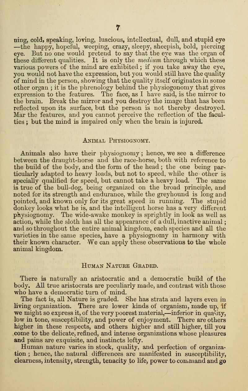 ning, cold, speaking, loving, luscious, intellectual, dull, and stupid eye —the happy, hopeful, weeping, crazy, sleepy, sheepish, bold, piercing eye. But no one would pretend to say that the eye was the organ of these different qualities. It is only the medium through which these various powers of the mind are exhibited; if you take away the eye, you would not have the expression, but you would still have the quality of mind in the person, showing that the quality itself originates in some other organ ; it is the phrenology behind the physiogonomy that gives expression to the features. The face, as I have said, is the mirror to the brain. Break the mirror and you destroy the image that has been reflected upon its surface, but the person is not thereby destroyed. Mar the features, and you cannot perceive the reflection of the facul- ties J but the mind is impaired only when the brain is injured. Animal Physiognomy. Animals also have their physiognomy; hence, we see a difference between the draught-horse and the race-horse, both with reference to the build of the body, and the form of the head ; the one being par- ticularly adapted to heavy loads, but not to speed, while the other is specially qualified for speed, but cannot take a heavy load. The same is true of the bull-dog, being organized on the broad principle, and noted for its strength and endurance, while the greyhound is long and pointed, and known only for its great speed in running. The stupid donkey looks what he is, and the intelligent horse has a very different physiognomy. The wide-awake monkey is sprightly in look as well as action, while the sloth has all the appearance of a dull, inactive animal; and so throughout the entire animal kingdom, each species and all the varieties in the same species, have a physiognomy in harmony with their known character. We can apply these observations to the whole animal kingdom. Human Nature Geaded. There is naturally an aristocratic and a democratic build of the body. All true aristocrats are peculiarly made, and contrast with those who have a democratic turn of mind. The fact is, all Nature is graded. She has strata and layers even in living organization. There are lower kinds of organism, made up, if we might so express it, of the very poorest material,—inferior in quaUty, low in tone, susceptibility, and power of enjoyment. There are others higher in these respects, and others higher and still higher, till you come to the delicate, refined, and intense organizations whose pleasures and pains are exquisite, and instincts lofty. Human nature varies in stock, quality, and perfection of organiza tion ; hence, the natural differences are manifested in susceptibility, clearness, intensity, strength, tenacity to life, power to command and go