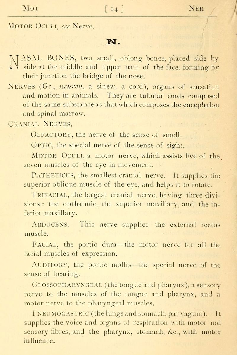 Motor Oci/li, see Nerve. NASAL BONES, two small, oblong bones, placed side hy side at the middle and upper part of the face, forming by their junction the bridge of the nose. Nerves (Gr., nettro/i^ a sinew, a corci), organs of sensation and motion in animals. They are tubular cords composed of the same substance as that which composes the encephalon and spinal marrow. Cranial Nerves, Olfactory, the nerve of the sense of smell. Optic, the special nerve of the sense oi sight. Motor Oculi, a motor nerve, which assists ihe of the^ seven muscles of the e3'e in movement. PaTHETICUS, the smallest cranial nerve. It supplies the superior oblique muscle of the e}-e, ;ind helps it lo rotate. Trifacial, the largest cranial nerve, having three di\i- sions : the opthalmic, the superior maxillar}', and the in- ferior maxillar}'. AbducENS. This nerve supplies the external rectus muscle. Facial, the portio dura—the motor nerve for all the facial muscles of expression. Auditory, the portio mollis—the special nerve of the sense of hearing. Glossopharyngeal (the tongue and jiharynx), a sensory nerve to the muscles of the tongue and jihaiynx, and a motor nerve to the pharyngeal muscles. Pnei'MOGASTRIC (the lungs and stomach, |)ar \ agiiin). 11 supplies the voice and organs ol resjiiration with motor ind sensory fibres, and the phar3'nx, stomach, (S.C., with motor iafluence.