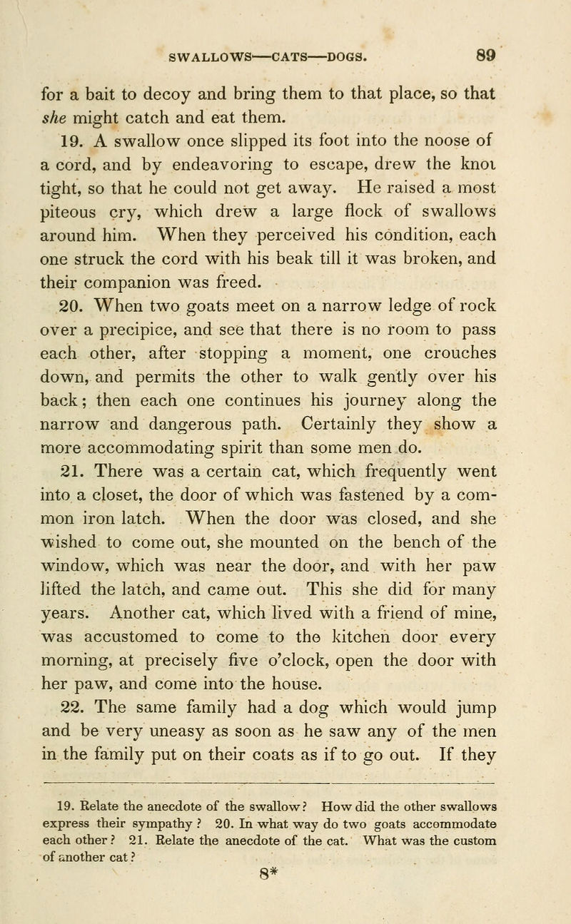 for a bait to decoy and bring them to that place, so that she might catch and eat them. 19. A swallow once slipped its foot into the noose of a cord, and by endeavoring to escape, drew the knoi tight, so that he could not get away. He raised a most piteous cry, which drew a large flock of swallows around him. When they perceived his condition, each one struck the cord with his beak till it was broken, and their companion was freed. 20. When two goats meet on a narrow ledge of rock over a precipice, and see that there is no room to pass each other, after stopping a moment, one crouches down, and permits the other to walk gently over his back; then each one continues his journey along the narrow and dangerous path. Certainly they show a more accommodating spirit than some men do. 21. There was a certain cat, which frequently went into a closet, the door of which was fastened by a com- mon iron latch. When the door was closed, and she wished to come out, she mounted on the bench of the window, which was near the door, and with her paw lifted the latch, and came out. This she did for many years. Another cat, which lived with a friend of mine, was accustomed to come to the kitchen door every morning, at precisely five o'clock, open the door with her paw, and come into the house. 22. The same family had a dog which would jump and be very uneasy as soon as he saw any of the men in the family put on their coats as if to go out. If they 19. Relate the anecdote of the swallow? How did the other swallows express their sympathy ? 20. In what way do two goats accommodate each other ? 21. Relate the anecdote of the cat. What was the custom of another cat ? 8*