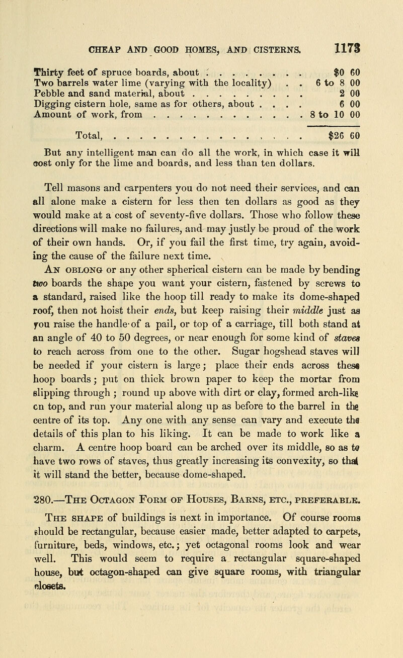 Thirty feet of spruce boards, about $0 60 Two barrels water lime (varying with the locality) . . 6 to 8 00 Pebble and sand material, about 2 00 Digging cistern hole, same as for others, about .... 6 00 Amount of work, from 8 to 10 00 Total, . $26 60 But any intelligent man can do all the work, in which case it wiU «ost only for the lime and boards, and less than ten dollars. Tell masons and carpenters you do not need their services, and can all alone make a cistern for less then ten dollars as good as they would make at a cost of seventy-five dollars. Those who follow these directions will make no failures, and may justly be proud of the work of their own hands. Or, if you fail the first time, try again, avoid- ing the cause of the failure next time. An oblong or any other spherical cistern can be made by bending two boards the shape you want your cistern, fastened by screws to a standard, raised like the hoop till ready to make its dome-shaped roof, then not hoist their ends, but keep raising their middle just aa fou raise the handle-of a pail, or top of a carriage, till both stand at an angle of 40 to 50 degrees, or near enough for some kind of staves to reach across from one to the other. Sugar hogshead staves will be needed if your cistern is large; place their ends across thes« hoop boards; put on thick brown paper to keep the mortar from slipping through ; round up above with dirt or clay, formed arch-lil^ en top, and run your material along up as before to the barrel in the centre of its top. Any one with any sense can vary and execute tha details of this plan to his liking. It can be made to work like a charm. A centre hoop board can be arched over its middle, so as to have two rows of staves, thus greatly increasing its convexity, so thai it will stand the better, because dome-shaped. 280.—The Octagon Foem of Houses, Baens, etc., preferable. The shape of buildings is next in importance. Of course rooms should be rectangular, because easier made, better adapted to carpets, furniture, beds, windows, etc.; yet octagonal rooms look and wear well. This would seem to require a rectangular square-shaped house, but octagon-shaped can give square rooms, with triangular nlosets.