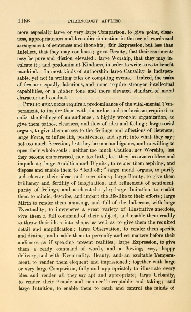 118tJ PHREN0LC3GY APPLIED more especially large or very large Comparison, to give point, clear- ness, appropriateness and keen discrimination in the use of words and arrangement of sentences and thoughts; fair Expression, but less than Intellect, that they may condense; great Beauty, that their sentiments may be pure and diction elevated; large Worship, that they may in. eoleatc it; and predominant Kindness, in order to write so as to benefit mankind. In most kinds of authorship large Causality is indispen- sable, yet not in writing tales or compiling events. Indeed, the taaks of few are equally laborious, and none require stronger intellectual caj»bilities, or a higher tone and more elevated standard of moral character and conduct, PtTBLic SPEAKEES require a predominance of the vital-mental T<^ra- perament, to inspire them with the ardor and enthusiasm requireti t<; enlist the feelings of an audience ; a highly wrought organization, tc give them pathos, clearness, and flow of idea and feeling; large social orgMis, to give them access to the feelings and affections of listeners j large Force, to infuse life, positiveness, and spirit into what they say; not too much Secretion, lest they become ambiguous, and unwilling tc open their whole souls; neither too much Caution, n^ Worship, lest they become embarrassed, nor too little, lest they becoKs.e reckless and impudent; large Ambition and Dignity, to render them a«fpiring, and dispose and enable them to  lead off;  large moral organs, to purify and elevate their ideas and conceptions; large Beauty, to give them brilliancy and fertility of imagination, and refinement of sentiment purity of feelings, and a elevated style; large Imitation, to enabk them to mimic, describe, and impart the life-like to their efforts; large Mirth to render them amusing, and full of the ludicrous, with large Eveatuality, to intersperse a great variety of illustrative anecdote, give them a full command of their subject, and enable them readily oo throw their ideas into shape, as well as to give them the required detail and amplification; large Observation, to render them sj^fic and distinct, and enable them to personify and set matters before theti audiences as if speaking present realities; large Expression, to give them a ready command of words, and a flowing, easy, happy delivery, and with Eventuality, Beauty, and an excitable Tempera- ment, to render them eloquent and impassioned; together with large or very large Comparison, fully and appropriately to illustrate every idea, and render all tliey say a})t and a])pr()priate; large Urbanity, to render their  mode and manner acceptable and taking; and large Intuition, to enable them to catch and oontrol the minds oi