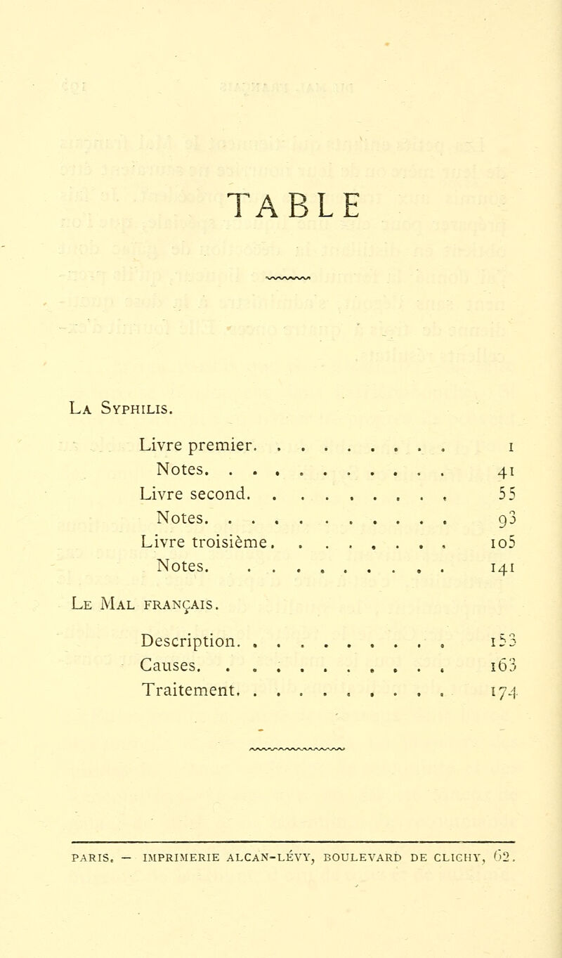 TABLE La Syphilis. Livre premier i Notes 41 Livre second 55 Notes 93 Livre troisième io5 Notes 141 Le Mal français. Description 153 Causes. . i63 Traitement 174 PARIS, — IMPRIMERIE ALCAN-LEVY, BOULEVARD DE CLIGHY,