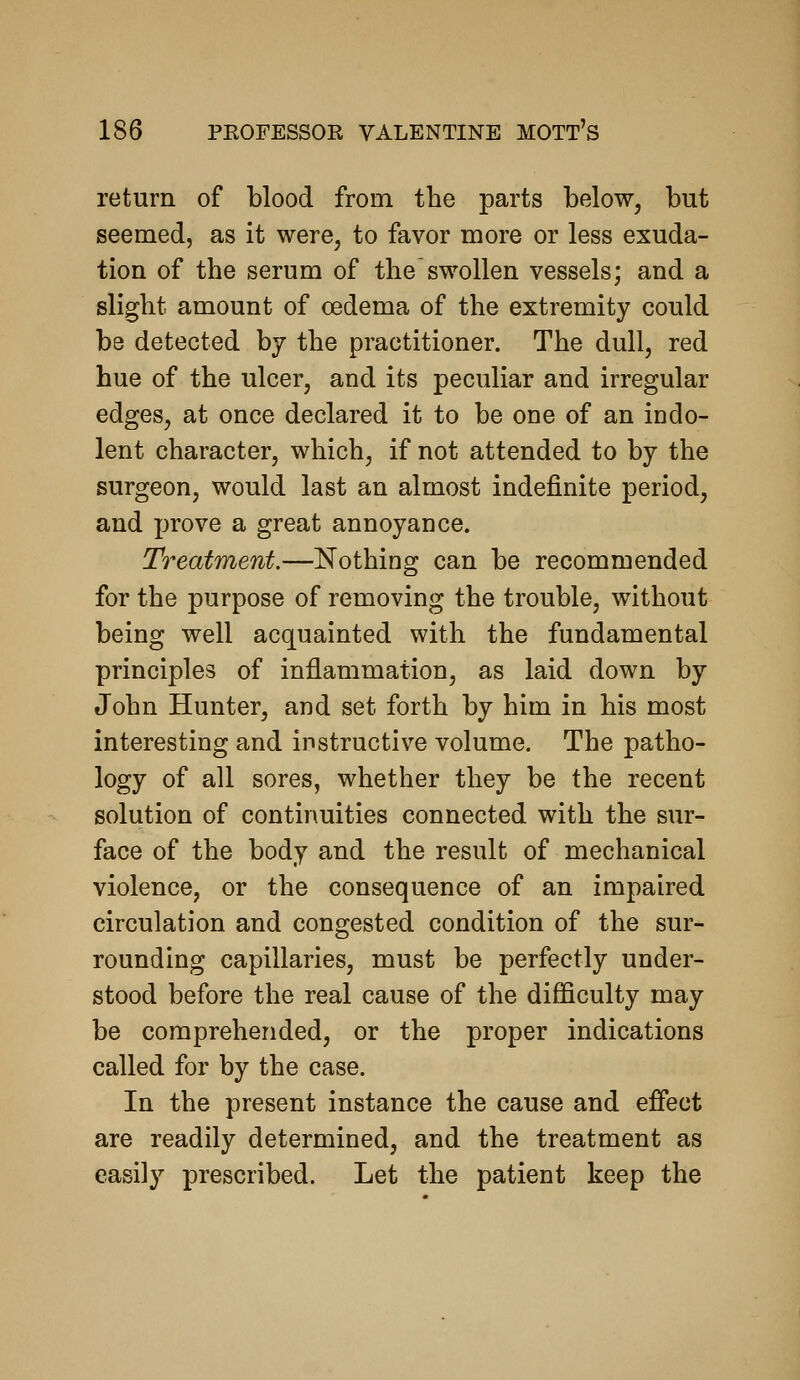 return of blood from the parts below, but seemed, as it were, to favor more or less exuda- tion of the serum of the swollen vessels; and a slight amount of oedema of the extremity could be detected by the practitioner. The dull, red hue of the ulcer, and its peculiar and irregular edges, at once declared it to be one of an indo- lent character, which, if not attended to by the surgeon, would last an almost indefinite period, and prove a great annoyance. Treatment.—Nothing can be recommended for the purpose of removing the trouble, without being well acquainted with the fundamental principles of inflammation, as laid down by John Hunter, and set forth by him in his most interesting and instructive volume. The patho- logy of all sores, whether they be the recent solution of continuities connected with the sur- face of the body and the result of mechanical violence, or the consequence of an impaired circulation and congested condition of the sur- rounding capillaries, must be perfectly under- stood before the real cause of the difiQculty may be comprehended, or the proper indications called for by the case. In the present instance the cause and effect are readily determined, and the treatment as easily prescribed. Let the patient keep the