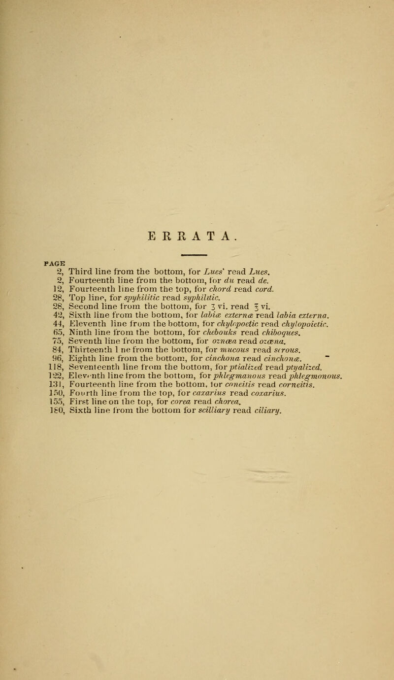 ERRATA PAGE 2, Third line from the bottom, for Lues' read Lues. 2, Fourteenth line from the bottom, for du read de. 12, Fourteenth line Irom the top, for chord read cord. 28, Top line, for spykilitic read syphilUic. 28, Second line from the bottom, for 3 vi. read 3 vi. 42, Sixth line from the bottom, for labia externa read labia externa. 44, Eleventh line Irom the bottom, for chylnpoetic read chy'opoietir. 65, Ninth line J'rora the bottom, for chebouks read ckiboques. 75, Seventh line from the bottom, for omma read ozcena. 84, Thirteenth 1 ne from the bottom, for mucous read scrotis. 96, Eighth line from the bottom, for cinchona read cinchona. 118, Seventeenth line from the bottom, forptialized readptyalized. 122, Eleventh line from the bottom, iox phlegmanous re&d phlegmonous. 1:31, Fourteenth line from the bottom, lor cojieitis read rorneitis. 150, Fourth line from the top, for caxarius read coxarius. 155, First line on the top, for corea read chorea. 160, Sixth line from the bottom for scilliary read ciliary.