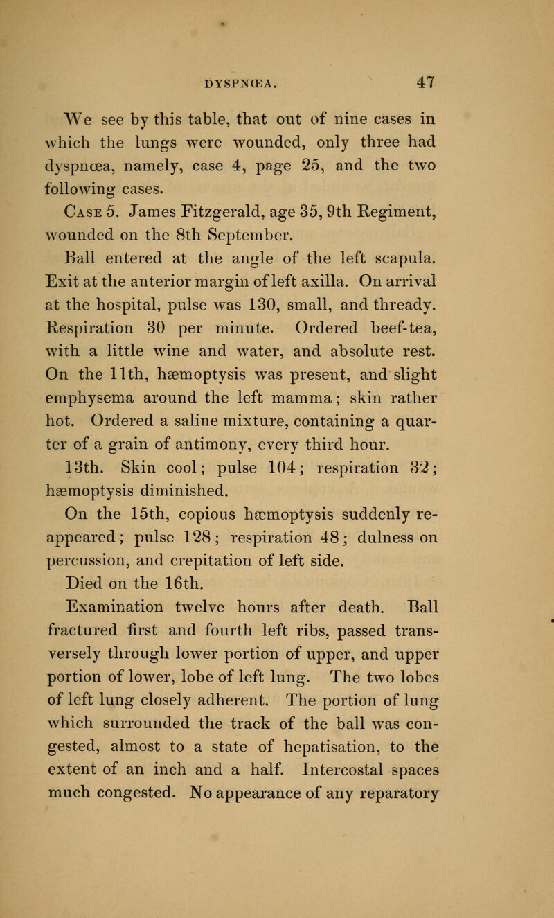 We see by this table, that out of nine cases in which the lungs were wounded, only three had dyspnoea, namely, case 4, page 25, and the two following cases. Case 5. James Fitzgerald, age 35, 9th Regiment, wounded on the 8th September. Ball entered at the angle of the left scapula. Exit at the anterior margin of left axilla. On arrival at the hospital, pulse was 130, small, and thready. Respiration 30 per minute. Ordered beef-tea, with a little wine and water, and absolute rest. On the 11th, haemoptysis was present, and slight emphysema around the left mamma; skin rather hot. Ordered a saline mixture, containing a quar- ter of a grain of antimony, every third hour. 13th. Skin cool; pulse 104; respiration 32; haemoptysis diminished. On the 15th, copious haemoptysis suddenly re- appeared; pulse 128; respiration 48; dulness on percussion, and crepitation of left side. Died on the 16th. Examination twelve hours after death. Ball fractured first and fourth left ribs, passed trans- versely through lower portion of upper, and upper portion of lower, lobe of left lung. The two lobes of left lung closely adherent. The portion of lung which surrounded the track of the ball was con- gested, almost to a state of hepatisation, to the extent of an inch and a half. Intercostal spaces much congested. No appearance of any reparatory