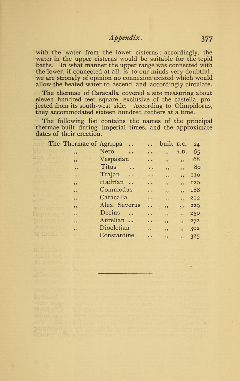 with the water from the lower cisterns : accordingly, the water in the upper cisterns would be suitable for the tepid baths. In what manner the upper range was connected with the lower, if connected at all, is to our minds very doubtful; we are strongly of opinion no connexion existed which would allow the heated water to ascend and accordingly circulate. The thermae of Caracalla covered a site measuring about eleven hundred feet square, exclusive of the castella, pro- jected from its south-west side. According to Olimpidorus, they accommodated sixteen hundred bathers at a time. The following list contains the names of the principal thermae built during imperial times, and the approximate dates of their erection. The Thermae of Agrippa .. . built B.C. 24 )i Nero „ A.D. 65 ,, Vespasian . 68 M Titus i» >> 8o 1) Trajan no 1 > Hadrian .. I20 )> Commodus i88 ) ) Caracalla Alex. Sever us . 212 22g ,, Decius 250 ,, Aurelian .. 272 ,, Diocletian 302 Constantine , 325