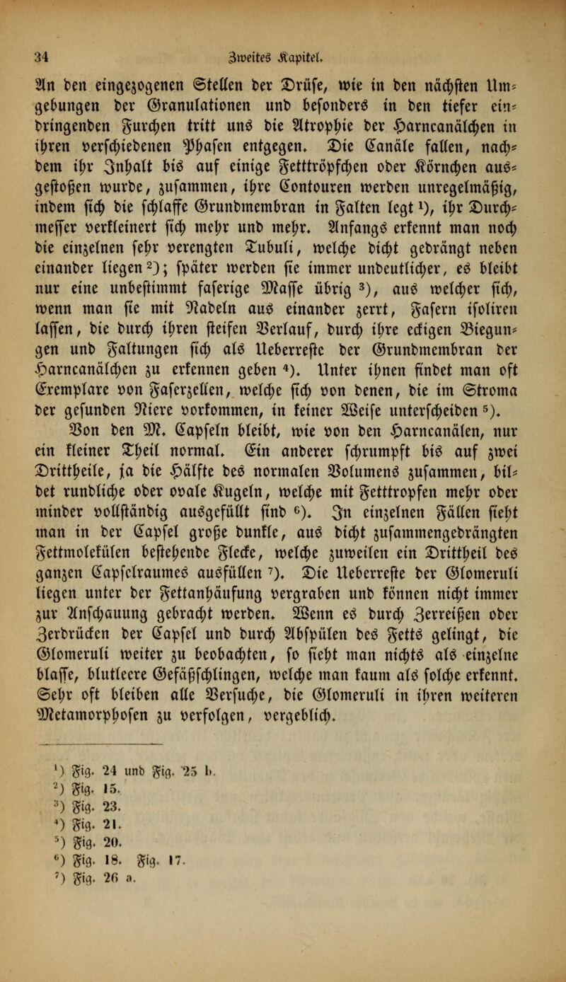 2ln ben eingebogenen ©teilen ber ©rufe, wie in ben näcfyften Um- gebungen ber ©ranulationen unb befonberä in ben tiefer ein- bringenben gurren tritt unö bie 2ltro:pf>ie ber £arncanät$en tn iljren verriebenen sJ3£afen entgegen. Sie Kanäle falten, nacj?* bem ifjr 3nl>alt biö auf einige getttröpfc^en ober Äörnc^en aus* geftogen würbe, jufammen, i£re @ontouren werben unregelmäßig, inbem ftd) bie fcfylaffe ©runbmembran in galten legtx), i£r Durc^ meffer verfeinert jt<$ meljr unb mel?r. anfangs erfennt man nodj bie einzelnen fefjr verengten £ubutt, welche bic^t gebrangt neben einanber liegen2); fpäter werben fte immer unbeutltdjer, e3 bleibt nur eine unbeftimmt faferige 9Äaffe übrig 3), au$ welker fiel), wenn man fte mit Nabeln auö einanber jerrt, gafern ifotiren lajfen, bie burc^ if)ren fieifen Verlauf, bur$ it;re ecfigen 35iegun* gen unb Gattungen ftcf) als Ueberreftc ber ©runbmembran ber £arneanälcf)en ju erfennen geben 4). Unter i^nen ftnbet man oft (£remplare von gaferjelfen, welche ftcl) von benen, bie im ©troma ber gefunben Spiere vorkommen, in feiner SSeife unterfctyeiben5). 3Son ben 9ft. Gtapfetn bleibt mt von ben £arncanälen, nur ein Heiner £t)eil normal. Sin anberer fc^rumpft M$ auf %mi £>rittf>eile, ja bie Hälfte bes normalen SBofumenö jufammen, bil* bet runbticfye ober ovale kugeln, welche mit getttropfen meljr ober minber voltftänbig aufgefüllt ftnb 6)< 3n einjelnen gälten ftet?t man in ber ßapfel große bunfle, au6 bidjt aufammengebrängten gettmolefüten befte^enbe glecfe, welche zuweilen ein ©rittljett be$ ganjen Sapfetraumeö auffüllen 7). £)te Ueberrefte ber ©fomeruli liegen unter ber gettanpufung vergraben unb fonnen nid)t immer jur 2lnfd;auung gebracht werben. 2öenn eö bur$ Berreißen ober 3erbrücfen ber @apfel unb burcf) Slbfpülen be£ gettö gelingt, bie ©fomeruli weiter ju beobachten, fo fielet man nichts als einzelne blaffe, blutleere ©efäßfdjttngen, welche man faum att folctye erfennt. ©etyr oft bleiben alte 23erfu$e, bie ©tomeruli in it;ren mitmn sJ)ietamorpf)ofen au verfolgen, vergeblich l) gtg. 24 unb gig. 25 b, ■j »ig» *z 3) gifr 23. 4) 8*9. 2L 5) »ig. 20. 6) g«9. 18. gig, »7. 7) giß» 26 a.