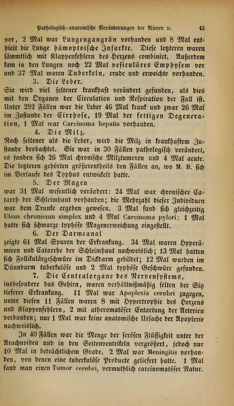 *>or, 2 Wal war Sungengangrän ttorljanben unb 8 5D?al ent* fnelt bie Sunge l;ämoptoif4>e Snfarfte* £)iefe teueren waren fämmttid) mit Klappenfehlern beö £erjeng combinirt 2lu£erbem fam tn ben Sungen no$ 22 SDJaTt t>eficuläre$ Srnp^ffem uor unb 37 Wal waren £uberfeln, crube unb erweichte t>orl)anbem 3. 2)ie Seber* ©ie wirb t>tel feltener franffjaft seränbert gefunben, aU bteö mit ben Organen ber ßirculation unb Sftefpiration ber galt ift Unter 292 gätten war bt'e Seber 46 Wal franf unb jwar 26 Wal im 3uftanbe ber ßirrljofe, 19 Wal ber fettigen 25egenera* ti on, 1 Wal war Carcinoma hepatis ttorfjanbem 4. Sie 3Ättg. 9?od> feltener aU bie £eber, wirb ik Witj in franfl;aftem 3iu ftanbe beobachtet Sie war in 30 Ratten patfwlogtfd) seränbert, e£ fanben ftc^ 26 Wal d)ronifd)e Wifjtumoren unb 4 SD?aI acute. ©ie (enteren geborten größerenteils ben gälten an, wo M. B. jtd; im Verlaufe beö £t)pl)u$ entwicfett fiatte* 5. 2)er Ziagen war 31 Wal wefentitcfy »eränbert: 24 Wal war d>ronifd;er @a* tarr£ ber Schleimhaut t>orf>anben; bie WeJjrjafjl biefer SnWm'buen war bem £runfe ergeben gewefen, 3 Wal fanb ftdj gleichseitig Ulcus chronicum simplex unb 4 Wal Carcinoma pylori; 1 Wal Ijatte ftd§> f^warje t9pt;ofe Wagenerweictyung eingeftettt 6. £)er Sarmcanal geigte 61 Wal Spuren ber (ürrfranfung. 34 Wal waren #9perä* mieen unb @atarrj)e ber @$leimt;aut nachweislich; 13 Wal Ratten ftdj golltfulärgefdjwüre im Sicfbarm gebilbet; 12 Wal würben im ©ünnbarm tuberfutöfe unb 2 Wal tpp^öfe ©efdjwüre gefunben, 7. Sie Gtentralorgane be$ 9?ert)enf9ftem3, in^befonbere baö ©e^trn, waren »erl;ättni£mä£ig feiten ber (Bit} tieferer ©rfranfung* 11 Wal war Apoplexia cerebri jugegen', unter biefen 11 galten waren 8 mit £9pertropf>ie be$ £er$en£ unb Klappenfehlern, 2 mit atfjeromatofer Entartung ber Arterien t»erbunben; nur 1 Wal war feine anatomifd;e Urfad;e ber Slpopterie nadjweiätid)* 3n 40 gälten war bie Wenge ber feröfen gfüjfigfeit unter ber 2lra$noibea unb in ben ©eitenoentrifeln »ergrögert, jieboety nur 10 Wat in beträd;tttd;em ©rabe, 2 Wal war Meningitis vornan* ben, Don benen eine tuberfutöfe ^robuete geliefert fyatk. 1 Wal fanb man einen Tumor cerebri, »ermutl;fid; carcinomattffer 9?atur.