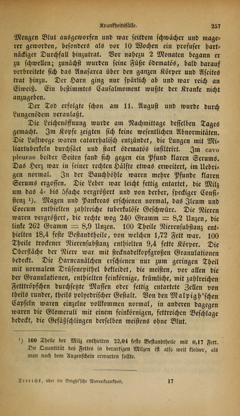 ÜÄengen 23(ut ausgeworfen unb war feitbem fcfywäcfyer unb mage* rer geworben, befonberS als vor 10 SBodjen ein profufer Ijart* näcfiger £)urd?fatt Ijinjutrat 23or na|>eju 2 SJfonaten begann er 31t fc^>wetten; junäcfyft würben feine güfje öbematöS, balb barauf verbreitete ft$ baS Slnafarca über i>tn ganjen Sörper unb Slfctteö trat tnnju* 2)er £arn ging nur fyärlicty ab unb war ret$ an $imi$. din beftimmteS (Jaufalmoment wu$tt ber Äranfe nie^t anjugebem £)er £ob erfolgte fdjon am IL Sluguft unb würbe burd) Lungenöbem veranlagt. Sie Leichenöffnung würbe am Nachmittage beffetben £ageö gemacht* %\n $opfe jeigten ftd§> feine wefentticfjen Abnormitäten. 2)ie Luftwege waren catarrfmlifct) entjünbet, bie Lungen mit Wlu liartuberfeln burdjfäet unb ftarf öbematöS injtttrirt. 3m cavo pleurae beiber Seiten fanb ftdj gegen tin $funb Haren ©erumS* 2)aS £er$ war in feiner rechten Hälfte etwas erweitert, im Uebrt* gen normal* 3n ber 23aud)f>öf)le waren mejjre $funbe ftaren ©erumS ergoffen. 2)ie Leber war leicht fettig tntaxttt, bie Sftilj um baS 4* bis 5fa$e vergrößert unb von berber, fpediger @onf(* ftenj *)♦ 9Äagen unb ^anfreaS erfc^ienen normal, baS Sleum unb @oecum enthielten ja^reic^e tuberfutöfe ©efdjwüre* 2)ie Vieren waren vergrößert, bie rechte wog 240 ©ramm = 8,2 Unjen, bie Knie 262 ©ramm = 8,9 Unjem 100 Steife Wterenfu&jlanj ent* hielten 18,4 fefte 25efianbtf?eile, von weisen 1,72 $M war. 100 Steile troefener 9?ierenfubftan$ enthielten 9,4 fette Körper* Sie Dberp^e ber 9h'ere war mit ftedfnabelfopfgrofjen ©ranutationen bebeeft 2)ie £arncanälcf)en erfreuen nur jum geringen £fm'l mit normalem £)rüfenepitf)el befleibet, bie meiften, vor allen bie ber ©ranutationen, enthielten feinförnige, frümtic&e, mit jal?lreid;en getttrö^f^en bur^fe^te Waffen ober fettig entartete Bellen von tf>eilS runber, tf>eilS pofyebrifd;er ©eftatt 93on ben 9Äalptgf>1fd[)en @apfeln waren einzelne votlfommen normal, in anberen bagegen waren bie ©lomerult mit einem feinförnigen, fettreichen 33efd;lage bebeeft, bie ©efäßfc^lingen berfelben meifienS ot;ne 331ut l) 100 Steile ber mit entgelten 22,04 fefte S3e(tanbtf)eire mit 0,17 gett Sie Quantität beS $etteö in bevatttgen mitfn tft alfo mit deiner, att man natf) bem ttugenfcfyetn ermatten fotfte. Sreridjö, über bie 53tig()t'fd)e ^ierenfranffjeit. 17