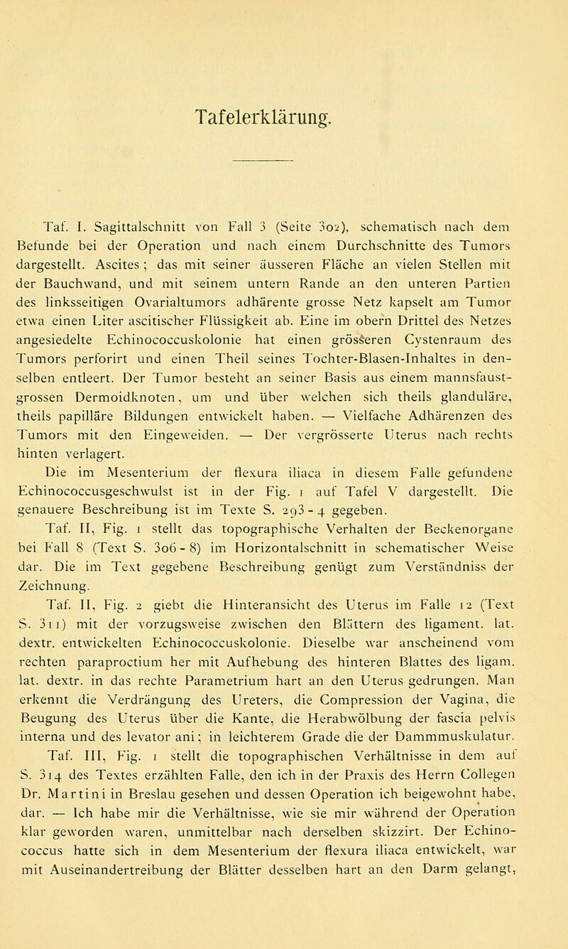 Tafelerklärung. Taf. I. Sagittalschnitt von Fall 3 (Seite 3o2), schematisch nach dem Befunde bei der Operation und nach einem Durchschnitte des Tumors dargestellt. Ascites ; das mit seiner äusseren Fläche an vielen Stellen mit der Bauchwand, und mit seinem untern Rande an den unteren Partien des linksseitigen Ovarialtumors adhärente grosse Netz kapselt am Tumor etwa einen Liter ascitischer Flüssigkeit ab. Eine im obern Drittel des Netzes angesiedelte Echinococcuskolonie hat einen grösseren Cystenraum des Tumors perforirt und einen Theil seines Tochter-Blasen-Inhaltes in den- selben entleert. Der Tumor besteht an seiner Basis aus einem mannsfaust- grossen Dermoidknoten, um und über welchen sich theils glanduläre, theils papilläre Bildungen entwickelt haben. — Vielfache Adhärenzen des Tumors mit den Eingeweiden. — Der vergrösserte Uterus nach rechts hinten verlagert. Die im Mesenterium der flexura iliaca in diesem Falle gefundene Echinococcusgeschwulst ist in der Fig. i auf Tafel V dargestellt. Die genauere Beschreibung ist im Texte S. 293-4 gegeben. Taf. II, Fig. 1 stellt das topographische Verhalten der Beckenorgane bei Fall 8 (Text S. 3o6 - 8) im Horizontalschnitt in schematischer Weise dar. Die im Text gegebene Beschreibung genügt zum Verständniss der Zeichnung. Taf. II, Fig. 2 giebt die Hinteransicht des Uterus im Falle 12 (Text S. 311) mit der vorzugsweise zwischen den Blättern des ligament. lat. dextr. entwickelten Echinococcuskolonie. Dieselbe war anscheinend vom rechten paraproctium her mit Aufhebung des hinteren Blattes des ligam. lat. dextr. in das rechte Parametrium hart an den Uterus gedrungen. Man erkennt die Verdrängung des Ureters, die Compression der Vagina, die Beugung des Uterus über die Kante, die Herabwölbung der fascia pelvis interna und des levator ani; in leichterem Grade die der Dammmuskulatur. Taf. III, Fig. 1 stellt die topographischen Verhältnisse in dem auf S. 314 des Textes erzählten Falle, den ich in der Praxis des Herrn Collegen Dr. Martini in Breslau gesehen und dessen Operation ich beigewohnt habe, dar. — Ich habe mir die Verhältnisse, wie sie mir während der Operation klar geworden waren, unmittelbar nach derselben skizzirt. Der Echino- coccus hatte sich in dem Mesenterium der flexura iliaca entwickelt, war mit Auseinandertreibung der Blätter desselben hart an den Darm gelangt,
