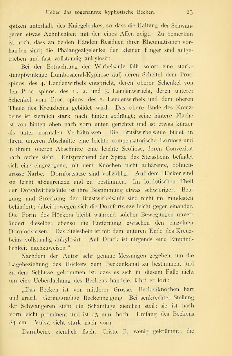 spitzen unterhalb des Kniegelenkes, so dass die Haltung der Schwan- geren etwas Aehnlichkeit mit der eines Affen zeigt. Zu bemerken ist noch, dass an beiden Händen Residuen ihrer Rheumatismen vor- handen sind; die Phalangealgelenke der kleinen Finger sind aufge- trieben und fast vollständig ankylosirt. Bei der Betrachtung der Wirbelsäule fällt sofort eine starke stumpfwinklige Lumbosacral-Kyphose auf, deren Scheitel dem Proc. spinös, des 4. Lendenwirbels entspricht, deren oberer Schenkel von den Proc. spinös, des 1., 2. und 3. Lendenwirbels, deren unterer Schenkel vom Proc. spinös, des 5. Lendenwirbels und dem oberen Theile des Kreuzbeins gebildet wird. Das obere Ende des Kreuz- beins ist ziemlich stark nach hinten gedrängt; seine hintere Fläche ist von hinten oben nach vorn unten gerichtet und ist etwas kürzer als unter normalen Verhältnissen. Die Brustwirbelsäule bildet in ihrem unteren Abschnitte eine leichte compensatorische Lordose und in ihrem oberen Abschnitte eine leichte Scoliose, deren Convexität nach rechts sieht. Entsprechend der Spitze des Steissbeins befindet sich eine eingezogene, mit dem Knochen nicht adhärente, bohnen- grosse Narbe. Dornfortsätze sind vollzählig. Auf dem Höcker sind sie leicht abzugrenzen und zu bestimmen. Im lordotischen Theil der Dorsalwirbelsäule ist ihre Bestimmung etwas schwieriger. Beu- gung und Streckung der Brustwirbelsäule sind nicht im mindesten behindert; dabei bewegen sich die Dornfortsätze leicht gegen einander. Die Form des Höckers bleibt während solcher Bewegungen unver- ändert dieselbe; ebenso die Entfernung zwischen den einzelnen Dornfortsätzen. Das Steissbein ist mit dem unteren Ende des Kreuz- beins vollständig ankylosirt. Auf Druck ist nirgends eine Empfind- lichkeit nachzuweisen. Nachdem der Autor sehr genaue Messungen gegeben, um die Lagebeziehung des Höckers zum Beckenkanal zu bestimmen, und zu dem Schlüsse gekommen ist, dass es sich in diesem Falle nicht um eine Ueberdachung des Beckens handele, fährt er fort: „Das Becken ist von mittlerer Grösse. Beckenknochen hart und gracil. Geringgradige Beckenneigung. Bei senkrechter Stellung der Schwangeren steht die Schamfuge ziemlich steil: sie ist nach vorn leicht prominent und ist 45 mm. hoch. Umfang des Beckens 84 cm. Vulva sieht stark nach vorn. Darmbeine ziemlich flach. Cristas II. wenig gekrümmt: die