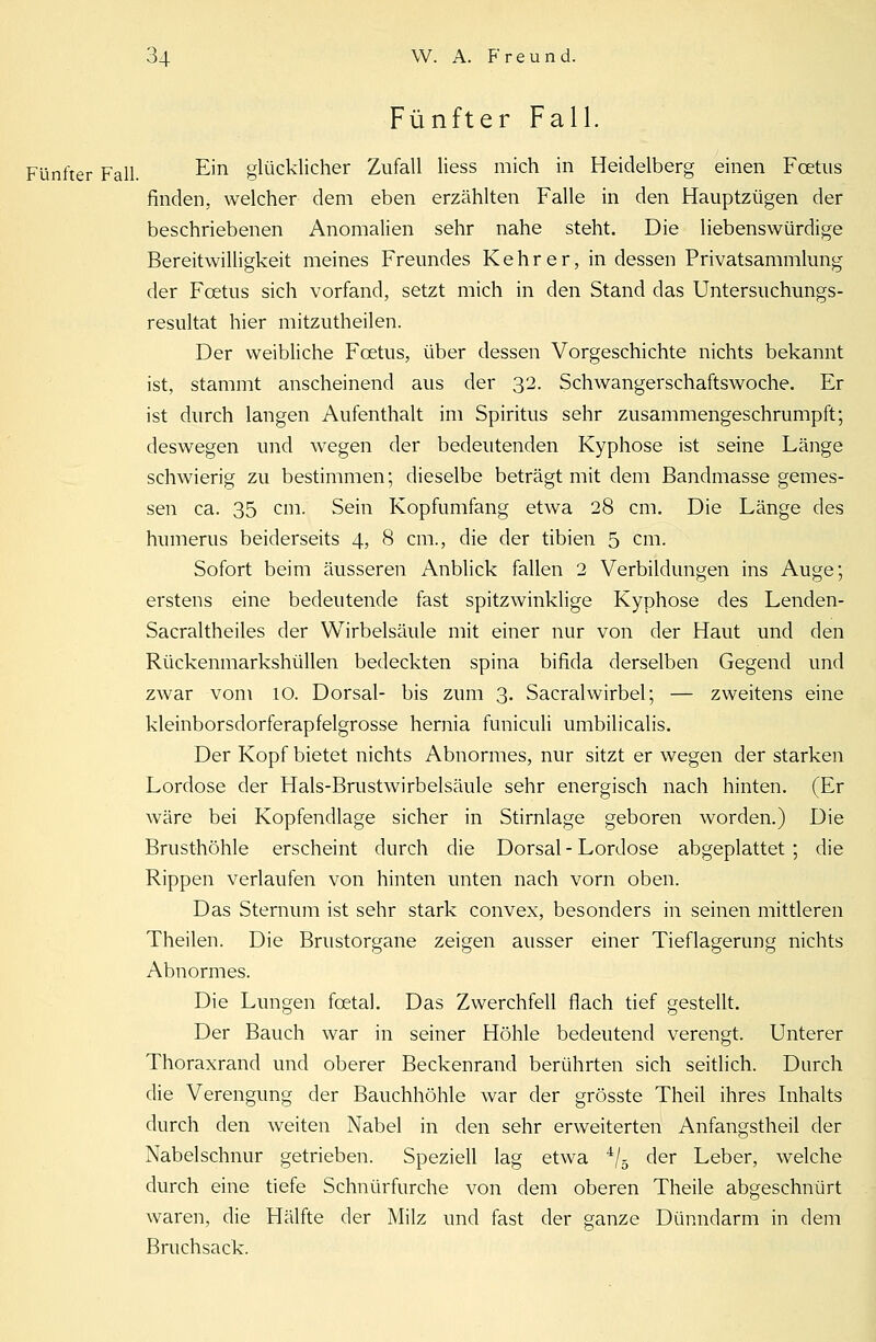 Fünfter Fall. Fünfter Fall. Ein glücklicher Zufall Hess mich in Heidelberg einen Fcetus finden, welcher dem eben erzählten Falle in den Hauptzügen der beschriebenen Anomalien sehr nahe steht. Die liebenswürdige Bereitwilligkeit meines Freundes Kehr er, in dessen Privatsammlung der Fcetus sich vorfand, setzt mich in den Stand das Untersuchungs- resultat hier mitzutheilen. Der weibliche Fcetus, über dessen Vorgeschichte nichts bekannt ist, stammt anscheinend aus der 32. Schwangerschaftswoche. Er ist durch langen Aufenthalt im Spiritus sehr zusammengeschrumpft; deswegen und wegen der bedeutenden Kyphose ist seine Länge schwierig zu bestimmen; dieselbe beträgt mit dem Bandmasse gemes- sen ca. 35 cm. Sein Kopfumfang etwa 28 cm. Die Länge des numerus beiderseits 4, 8 cm., die der tibien 5 cm. Sofort beim äusseren Anblick fallen 2 Verbildungen ins Auge; erstens eine bedeutende fast spitzwinklige Kyphose des Lenden- Sacraltheiles der Wirbelsäule mit einer nur von der Haut und den Rückenmarkshüllen bedeckten spina bifida derselben Gegend und zwar vom 10. Dorsal- bis zum 3. Sacralwirbel; — zweitens eine kleinborsdorferapfelgrosse hernia funiculi umbilicalis. Der Kopf bietet nichts Abnormes, nur sitzt er wegen der starken Lordose der Hals-Brustwirbelsäule sehr energisch nach hinten. (Er wäre bei Kopfendlage sicher in Stirnlage geboren worden.) Die Brusthöhle erscheint durch die Dorsal - Lordose abgeplattet ; die Rippen verlaufen von hinten unten nach vorn oben. Das Sternum ist sehr stark convex, besonders in seinen mittleren Theilen. Die Brustorgane zeigen ausser einer Tieflagerung nichts Abnormes. Die Lungen fcetal. Das Zwerchfell flach tief gestellt. Der Bauch war in seiner Höhle bedeutend verengt. Unterer Thoraxrand und oberer Beckenrand berührten sich seitlich. Durch die Verengung der Bauchhöhle war der grösste Theil ihres Inhalts durch den weiten Nabel in den sehr erweiterten Anfangstheil der Nabelschnur getrieben. Speziell lag etwa 4/5 der Leber, welche durch eine tiefe Schnürfurche von dem oberen Theile abgeschnürt waren, die Hälfte der Milz und fast der ganze Dünndarm in dem Bruchsack.