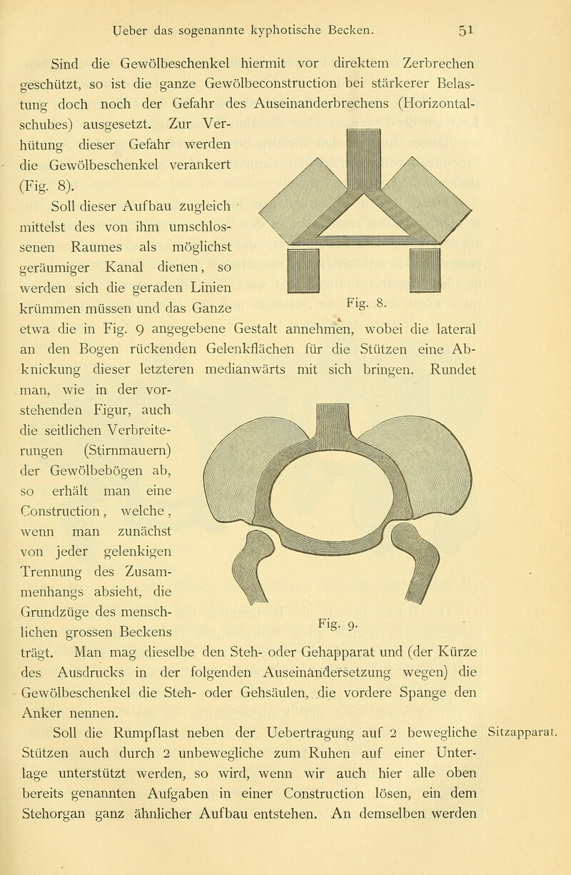 Fig. 8. Sind die Gewölbeschenkel hiermit vor direktem Zerbrechen geschützt, so ist die ganze Gewölbeconstruction bei stärkerer Belas- tung doch noch der Gefahr des Auseinanderbrechens (Horizontal- schubes) ausgesetzt. Zur Ver- hütung dieser Gefahr werden die Gewölbeschenkel verankert (Fig. 8). Soll dieser Aufbau zugleich mittelst des von ihm umschlos- senen Raumes als möglichst geräumiger Kanal dienen, so werden sich die geraden Linien krümmen müssen und das Ganze etwa die in Fig. 9 angegebene Gestalt annehmen, wobei die lateral an den Bogen rückenden Gelenkflächen für die Stützen eine Ab- knickung dieser letzteren medianwärts mit sich bringen. Rundet man, wie in der vor- stehenden Figur, auch die seitlichen Verbreite- rungen (Stirnmauern) der Gewölbebögen ab, so erhält man eine Construction, welche, wenn man zunächst von jeder gelenkigen Trennung des Zusam- menhangs absieht, die Grundzüge des mensch- lichen grossen Beckens Fig. 9. trägt. Man mag dieselbe den Steh- oder Gehapparat und (der Kürze des Ausdrucks in der folgenden Auseinandersetzung wegen) die Gewölbeschenkel die Steh- oder Gehsäulen, die vordere Spange den Anker nennen. Soll die Rumpflast neben der Uebertragung auf 2 bewegliche Sitzapparat. Stützen auch durch 2 unbewegliche zum Ruhen auf einer Unter- lage unterstützt werden, so wird, wenn wir auch hier alle oben bereits genannten Aufgaben in einer Construction lösen, ein dem Stehorgan ganz ähnlicher Aufbau entstehen. An demselben werden