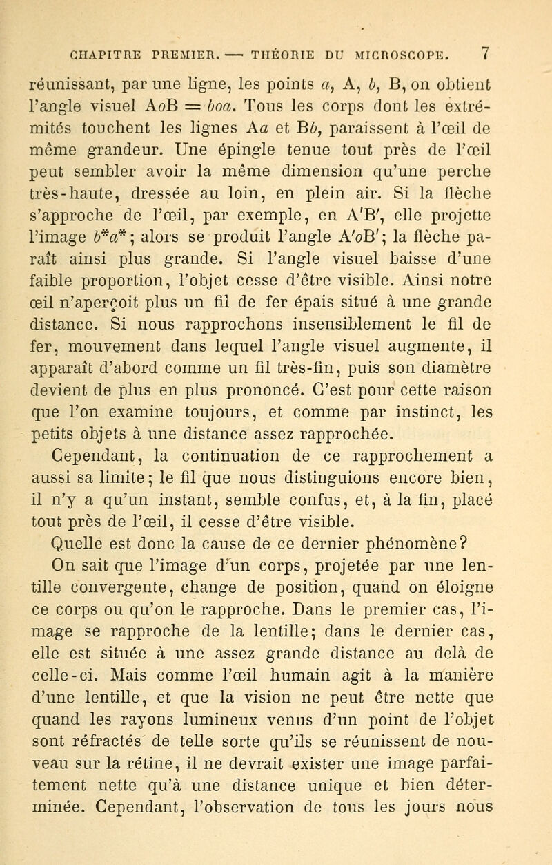 CHAPITRE PREMIER. THEORIE DU MICROSCOPE. i réunissant, par une ligne, les points «, A, b, B, on obtient l'angle visuel AoB = boa. Tous les corps dont les extré- mités touchent les lignes Aa et B6, paraissent à l'œil de même grandeur. Une épingle tenue tout près de l'œil peut sembler avoir la même dimension qu'une perche très-haute, dressée au loin, en plein air. Si la flèche s'approche de l'œil, par exemple, en A'B', elle projette l'image è*a* ; alors se produit l'angle A'oB' ; la flèche pa- raît ainsi plus grande. Si l'angle visuel baisse d'une faible proportion, l'objet cesse d'être visible. Ainsi notre œil n'aperçoit plus un fil de fer épais situé à une grande distance. Si nous rapprochons insensiblement le fil de fer, mouvement dans lequel l'angle visuel augmente, il apparaît d'abord comme un fil très-fin, puis son diamètre devient de plus en plus prononcé. C'est pour cette raison que l'on examine toujours, et comme par instinct, les petits objets à une distance assez rapprochée. Cependant, la continuation de ce rapprochement a aussi sa limite ; le fil que nous distinguions encore bien, il n'y a qu'un instant, semble confus, et, à la fin, placé tout près de l'œil, il cesse d'être visible. Quelle est donc la cause de ce dernier phénomène? On sait que l'image d'un corps, projetée par une len- tille convergente, change de position, quand on éloigne ce corps ou qu'on le rapproche. Dans le premier cas, l'i- mage se rapproche de la lentille; dans le dernier cas, elle est située à une assez grande distance au delà de celle-ci. Mais comme l'œil humain agit à la manière d'une lentille, et que la vision ne peut être nette que quand les rayons lumineux venus d'un point de l'objet sont réfractés' de telle sorte qu'ils se réunissent de nou- veau sur la rétine, il ne devrait exister une image parfai- tement nette qu'à une distance unique et bien déter- minée. Cependant, l'observation de tous les jours nous