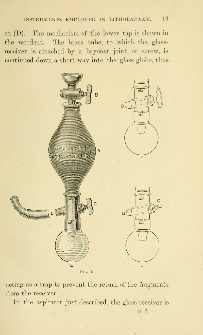 at (\)). The, mechanism of the Lower tap La shown in the Woodcut. The, brass tube, to which the glass- receiver is attached by a bayonet joint, or 3crew, is continued down a short way into the glass globe, thus hM Fig. 9. acting as a trap to prevent the return of the fragments from the receiver. In the aspirator just described, the glass-receiver is C 2