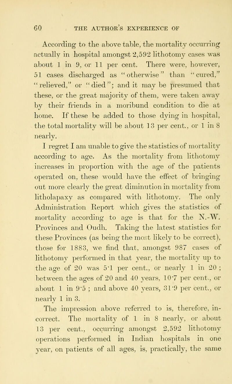 According to the above table, the mortality occurring actually in hospital amongst 2,592 lithotomy cases was about 1 in 9, or 11 per cent. There were, however, 51 cases discharged as otherwise than cured, relieved, or died; and it maybe presumed that these, or the great majority of them, were taken away by their friends in a moribund condition to die at home. If these be added to those dying in hospital, the total mortality will be about 13 per cent,, or 1 in 8 nearly. I regret I am unable to give the statistics of mortality according to age. As the mortality from lithotomy increases in proportion with the age of the patients operated on, these would have the effect of bringing out more clearly the great diminution in mortality from litholapaxy as compared with lithotomy. The only Administration Report which gives the statistics of mortality according to age is that for the N.-W. Provinces and Oudh. Takino- the latest statistics for these Provinces (as being the most likely to be correct), those for 1883, we find that, amongst 987 cases of lithotomy performed in that year, the mortality up to the age of 20 was 5*1 per cent,, or nearly 1 in 20 ; between the ages of 20 and 40 years, 10'7 per cent., or about 1 in 9*5 ; and above 40 years, 31 9 per cent,, or nearly 1 in 3. The impression above referred to is, therefore, in- correct. The mortality of 1 in 8 nearly, or about 13 per cent., occurring amongst 2,592 lithotomy operations performed in Indian hospitals in one year, on patients of all ages, is, practically, the same