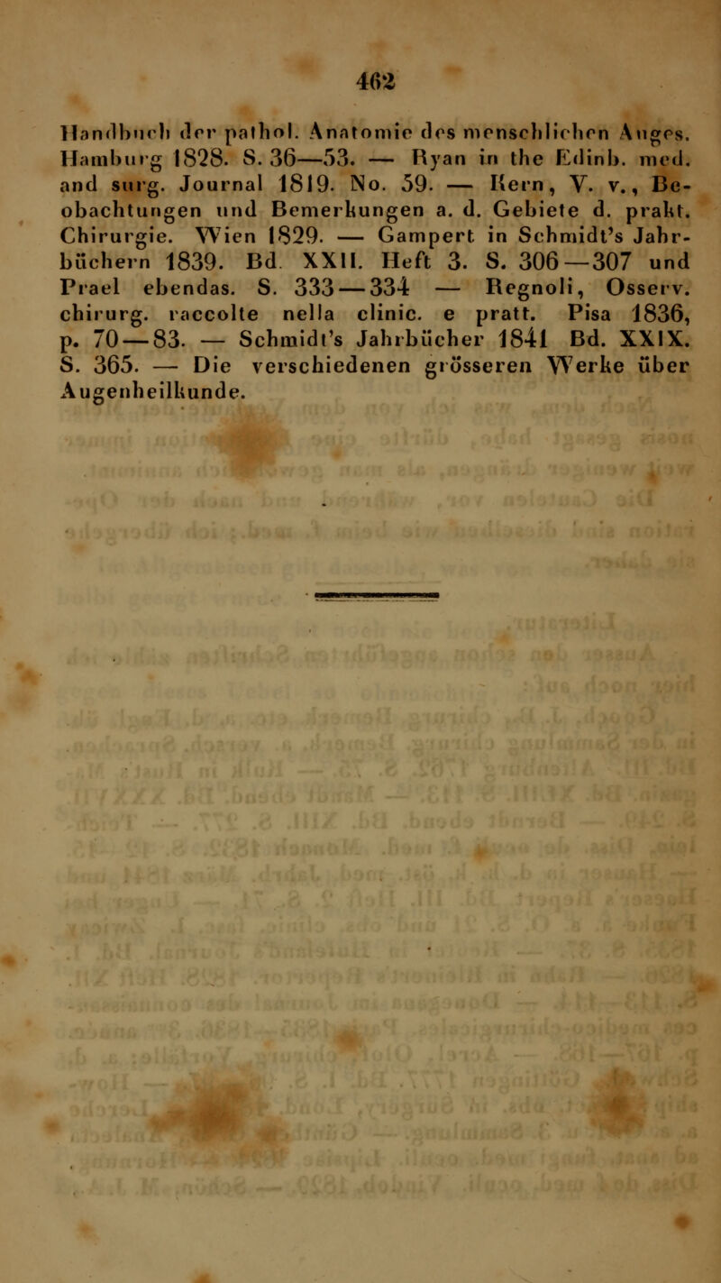 Handbuch der pathol. Anatomie dos menschlichen Auges. Hamburg 1828. 8. 36—53. — Ryan in the Edinb. med. and surg. Journal 1819. No. 59. — Kern, V. v., Be- obachtungen und Bemerkungen a. d. Gebiete d. prallt. Chirurgie. Wien 1829. — Gampert in Schmidt's Jahr- büchern 1839. Bd. XXII. Heft 3. S. 306—307 und Prael ebendas. S. 333 — 334 — Regnoli, Osserv. chirurg. raccolte nella clinic. e pratt. Pisa 1836, p. 70 — 83. — Schmidt's Jahrbücher 1841 Bd. XXIX. S. 365. — Die verschiedenen grosseren Werke über Augenheilkunde.
