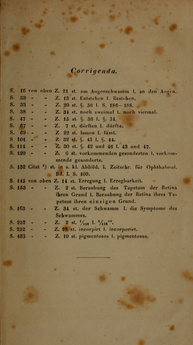 ' Corrigenda. s. 16 s. 33 s. 33 s. 38 s. 47 s. 67 s. 69 s 101 s. 114 s. 120 16 von oben Z. 21 st. am Augenschwamm I. an den Ancen. Z. 13 st. Entstehen I. Bestehen. Z. 20 st. §. 56 I. S. 186-183. Z. 34 st. noch zweimal I. noch viermal. - Z. 15 st. §. 36 I. §. 34. Z. 7 st. dürften l. dürfte. Z 22 st. lassen 1. lässt. Z. 32 st. §. 45 J. §. 44. Z. 30 st. §. 42 und 46 I. 43 und 47. Z. 6 st. vorkommenden gesonderten 1. vorkom- mende gesonderte. S. 132 Citat ■) st. in s. kl. Abbild. 1. Zeitschr. für Ophthahnol. Bd. I. S. 109. S. 145 von oben Z. 14 st. Erregung 1. Erregbarkeit. S. 153 - Z. 2 st. Beraubung des Tapelum der Retina ihren Grund 1. Beraubung der Retina ihres Ta- petum ihren einzigen Grund. S. 163 - Z. 34 st. der Schwamm 1, die Symptome des Schwammes» ö. 252 •  Z. Z st. /j2S '* /12s ♦ S. 252 - - Z. 28 st. incorpirt I. incorporirt. S. 433 - Z, 10 st. pigmentosos 1. pigmentosus.