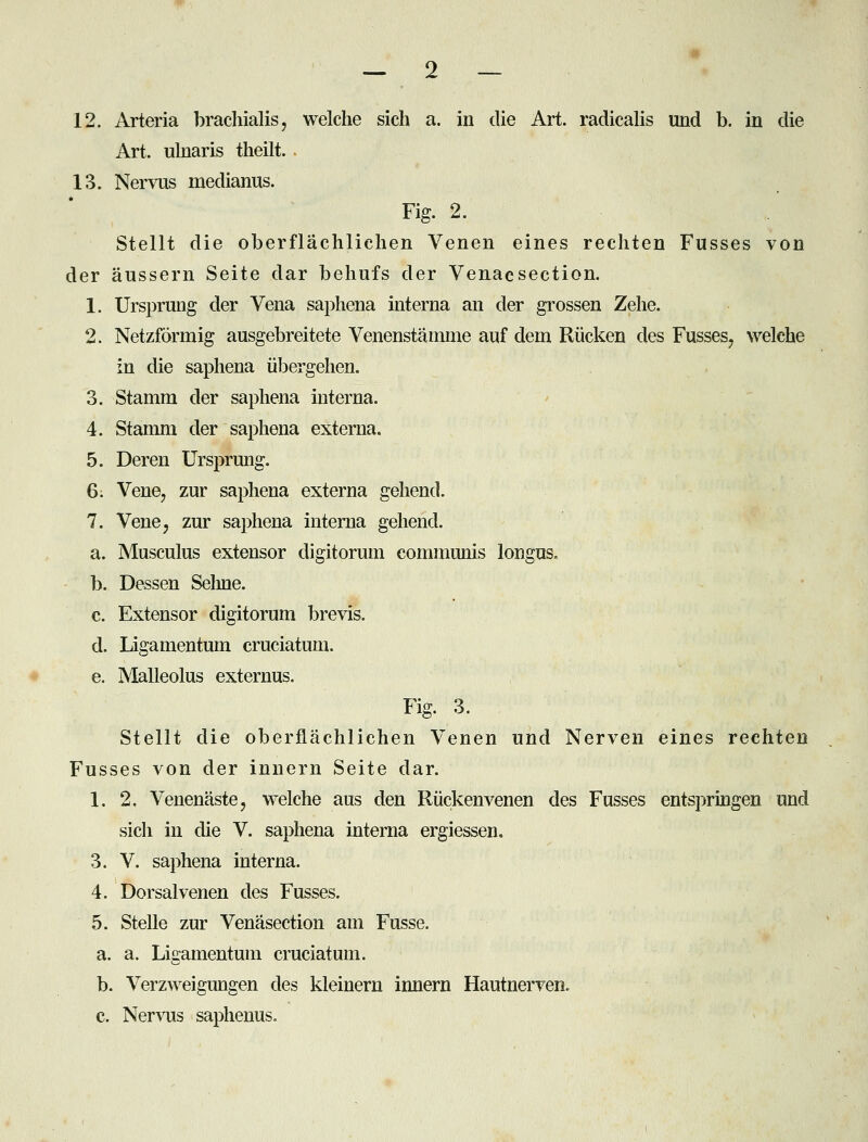 12. Arteria brachialis, welche sich a. in die Art. radicaüs und b. in die Art. ulnaris theilt. 13. Nervus medianus. Fig. 2. Stellt die oberflächlichen Venen eines rechten Fusses von der äussern Seite dar behufs der Venacsection. 1. UrsiDrung der Vena saphena interna an der gi'ossen Zehe. 2. Netzförmig ausgebreitete Venenstännne auf dem Rücken des Fusses, welche in die saphena übergehen. 3. Stamm der saphena interna. 4. Stanmi der saphena externa. 5. Deren Ursprung. 6. Vene, zur saphena externa gehend. 7. Vene, zur saphena interna gehend. a. Musculus extensor digitorum communis longus, b. Dessen Seline. c. Extensor digitorum brevis. d. Ligamentum cruciatum. e. Malleolus externus. Fig. 3. Stellt die oberflächlichen Venen und Nerven eines rechten Fusses von der innern Seite dar. 1. 2. Venenäste, welche aus den Rückenvenen des Fusses entspringen und sich in die V. saphena interna ergiessen. 3. V. saphena interna. 4. Dorsalvenen des Fusses. 5. Stelle zur Venäsection am Fusse. a. a. Ligamentum cruciatum. b. Verzweigungen des kleinern innern Hautnerven. c. Nervus saphenus.