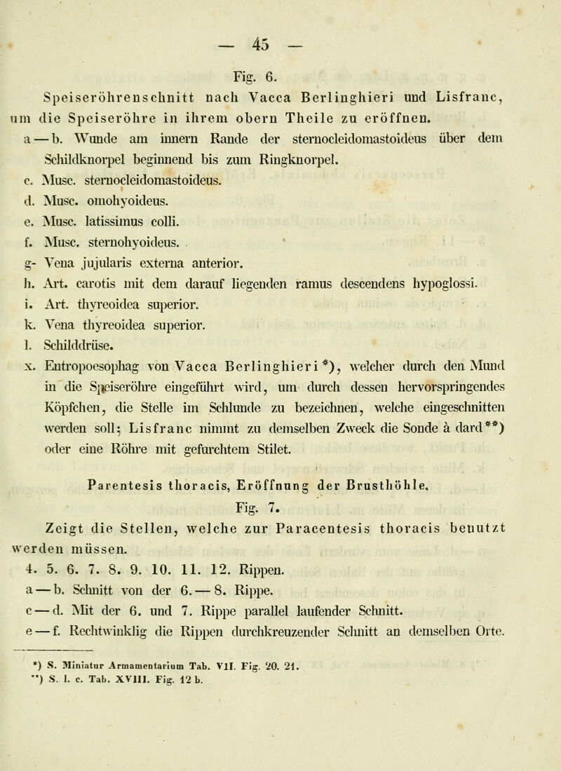 Fig. 6. Speiseröhrenschnitt nach Vacca Berlinghieri und Lisfranc, um die Speiseröhre in ihrem obern Theile zu eröffnen, a — b. Wunde am innern Rande der sternocleidomastoideus über dem Scliildknorpel beginnend bis zum Ringknorpel. c. Muse, sternocleidomastoideus. d. Muse, omohyoideus. e. Muse, latissimus colli. f. Muse, sternohyoideus. . g- Vena jujularis externa anterior. h. Art. carotis mit dem darauf liegenden ramus descendens hypoglossi. i. Art. thyreoidea superior. k. Vena thyreoidea superior. 1. Schilddrüse. X. Eutropoesophag von Vacca Berlinghieri*), welcher durch den Mund in die Sj^eiseröhre eingeführt wird, um durch dessen hervorspringendes Köpfchen, die Stelle im Schlünde zu bezeichnen, welche eingeschnitten werden soll^ Lisfranc nimmt zu demselben Zweck die Sonde ä dard**) oder eine Röhre mit gefurchtem Stilet. Parentesis tlioracis, Eröffnung der Brusthöhle, Fig. 7. Zeigt die Stellen, welche zur Paracentesis thoracis benutzt werden müssen. 4. 5. 6. 7. 8. 9. 10. 11. 12. Rippen, a — b. Schnitt von der 6. — 8. Rippe, c — d. Mit der 6. und 7. Rippe parallel laufender Schnitt, e — f. Rechtwinklig die Rippen durchkreuzender Schnitt an demselben Orte. *) S. Miniatur Armamentarium Tab. VlI. Fig. 20. 21. '•) S. I. c. Tab. XVIIl. Fig. 12 b.