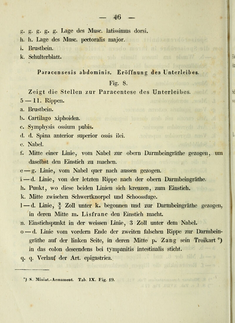 g. g. g. g. g. Lage des Muse. latissimus dorsi. h. h. Lage des Muse, jiectoralis major, i. Brustbein. k. Schulterblatt. Fä( k Paracensesis abdominis. Eröffnung des Unterleibes. Fig. 8. Zeigt die Stellen zur Paracentese des Unterleibes. .^1 5 — IL Rippen. : w a. Brustbein. 1). Cartilago xiphoidea. c. Symphysis ossium pubis. d. d. Spina anterior superior ossis ilei. e. Nabel. f. Mitte einer Linie, vom Nabel zAir obern Darmbeingi'äthe gezogen, um daselbst den Einstich zu machen. e — g. Linie, vom Nabel quer nach aussen gezogen. i — d. Linie, von der letzten Rippe nach der obern Darmbeiugräthe. h. Punkt, wo diese beiden Linien sich kreuzen, zum Einstich. k. Mitte zwischen Schwertknorpel und Schoossfuge. 1 — d. Linie, f Zoll unter k. begonnen nnd zur Darmbeingräthe gezogen, in deren Mitte m. Lisfranc den Einstich macht n. Einstichspunkt in der weissen Linie, 3 Zoll unter dem Nabel. 0 — d. Linie vom vordem Ende der zweiten falschen Rippe zur Darmbein- gräthe auf der linken Seite, in deren Mitte p. Zang sein Troikart *) in das colon descendens bei tympanitis intestinalis sticht. q. q. Verlauf der Art. epigastrica..