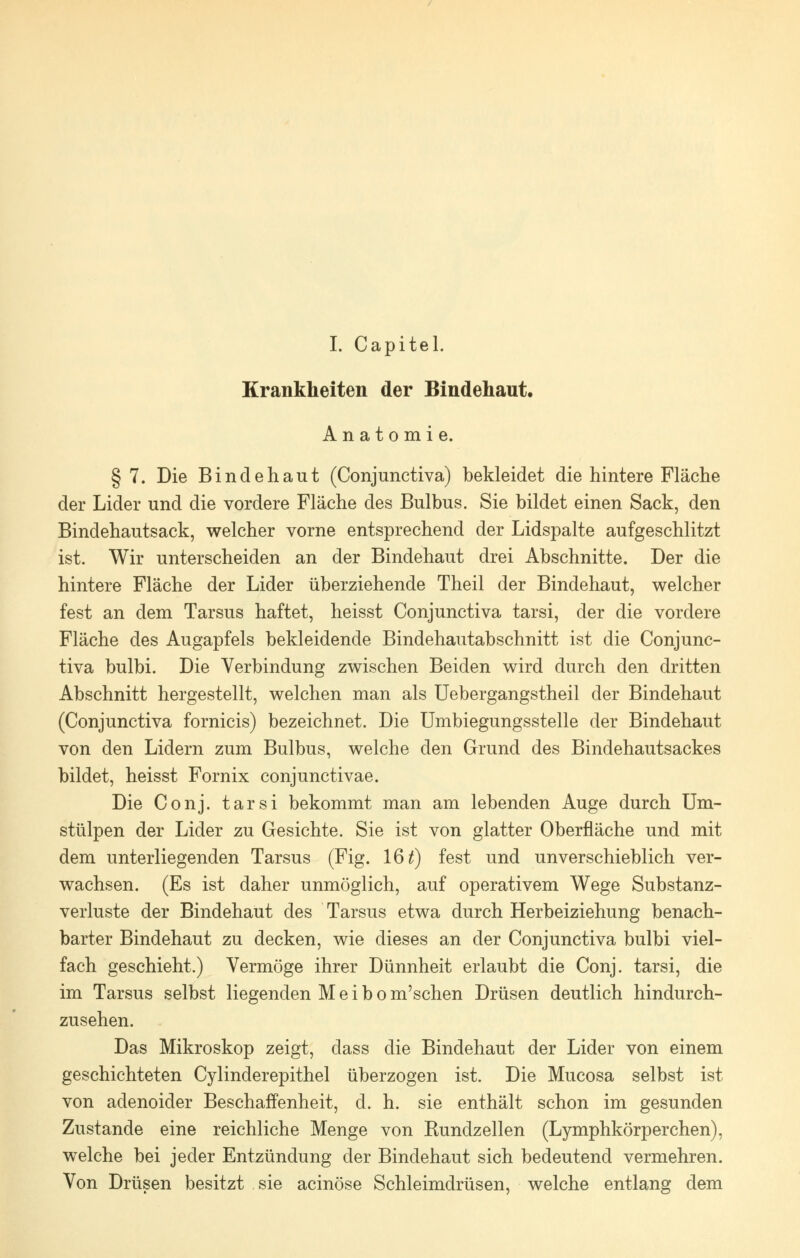 I. Capitel. Krankheiten der Bindehaut. Anatomie. § 7. Die Bindehaut (Conjunctiva) bekleidet die hintere Fläche der Lider und die vordere Fläche des Bulbus. Sie bildet einen Sack, den Bindehautsack, welcher vorne entsprechend der Lidspalte aufgeschlitzt ist. Wir unterscheiden an der Bindehaut drei Abschnitte. Der die hintere Fläche der Lider überziehende Theil der Bindehaut, welcher fest an dem Tarsus haftet, heisst Conjunctiva tarsi, der die vordere Fläche des Augapfels bekleidende Bindehautabschnitt ist die Conjunc- tiva bulbi. Die Verbindung zwischen Beiden wird durch den dritten Abschnitt hergestellt, welchen man als Uebergangstheil der Bindehaut (Conjunctiva fornicis) bezeichnet. Die Umbiegungsstelle der Bindehaut von den Lidern zum Bulbus, welche den Grund des Bindehautsackes bildet, heisst Fornix conjunctivae. Die Conj. tarsi bekommt man am lebenden Auge durch Um- stülpen der Lider zu Gesichte. Sie ist von glatter Oberfläche und mit dem unterliegenden Tarsus (Fig. 16 t) fest und unverschieblich ver- wachsen. (Es ist daher unmöglich, auf operativem Wege Substanz- verluste der Bindehaut des Tarsus etwa durch Herbeiziehung benach- barter Bindehaut zu decken, wie dieses an der Conjunctiva bulbi viel- fach geschieht.) Vermöge ihrer Dünnheit erlaubt die Conj. tarsi, die im Tarsus selbst liegenden M e i b o m'schen Drüsen deutlich hindurch- zusehen. Das Mikroskop zeigt, dass die Bindehaut der Lider von einem geschichteten Cylinderepithel überzogen ist. Die Mucosa selbst ist von adenoider Beschaffenheit, d. h. sie enthält schon im gesunden Zustande eine reichliche Menge von Bundzellen (Lymphkörperchen), welche bei jeder Entzündung der Bindehaut sich bedeutend vermehren. Von Drüsen besitzt sie acinöse Schleimdrüsen, welche entlang dem